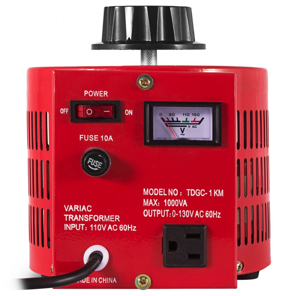Regulador de voltaje VEVOR rojo con interruptor de encendido, voltímetro y entrada de 110 V CA.