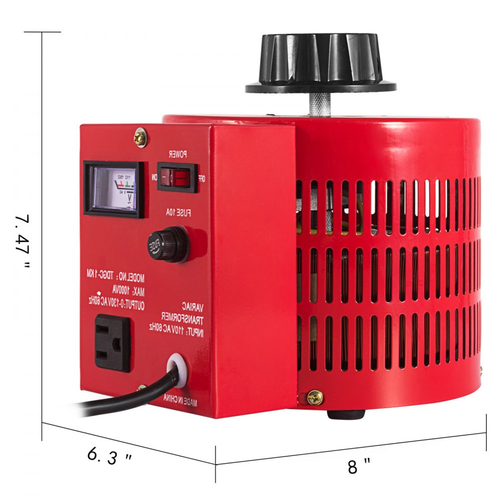 Regulador de voltaje VEVOR rojo, 7,47&quot; alto x 6,3&quot; ancho x 8&quot; profundidad, con perilla de control y toma de corriente.