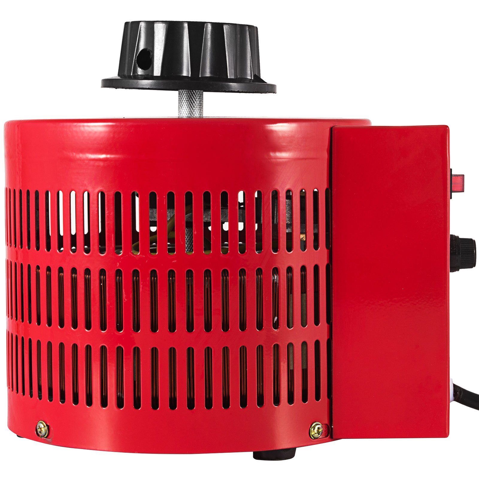 Regulador de voltaje VEVOR rojo con diseño ranurado y perilla de ajuste negra.