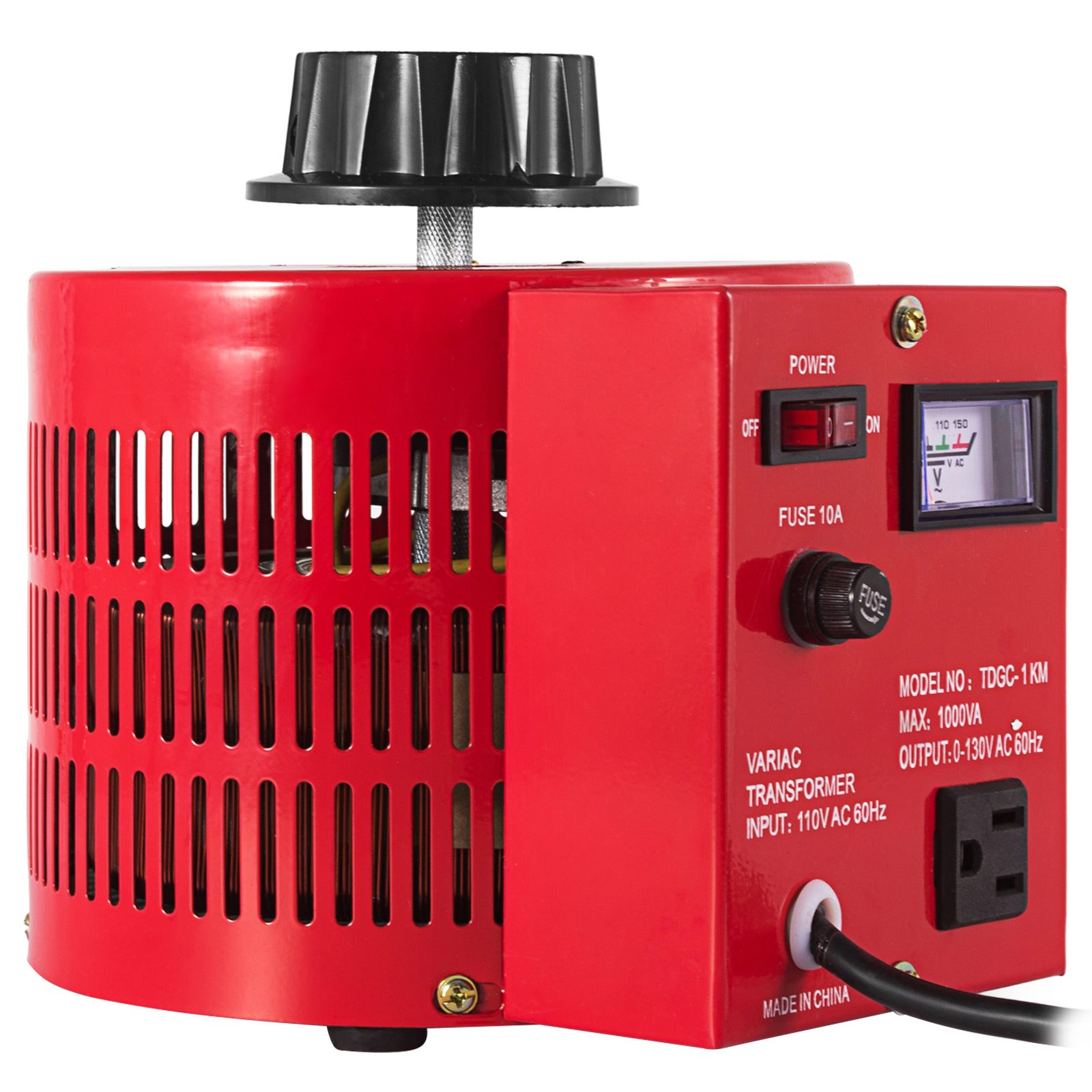 Regulador de voltaje VEVOR rojo con perilla, interruptor y pantalla negros.
