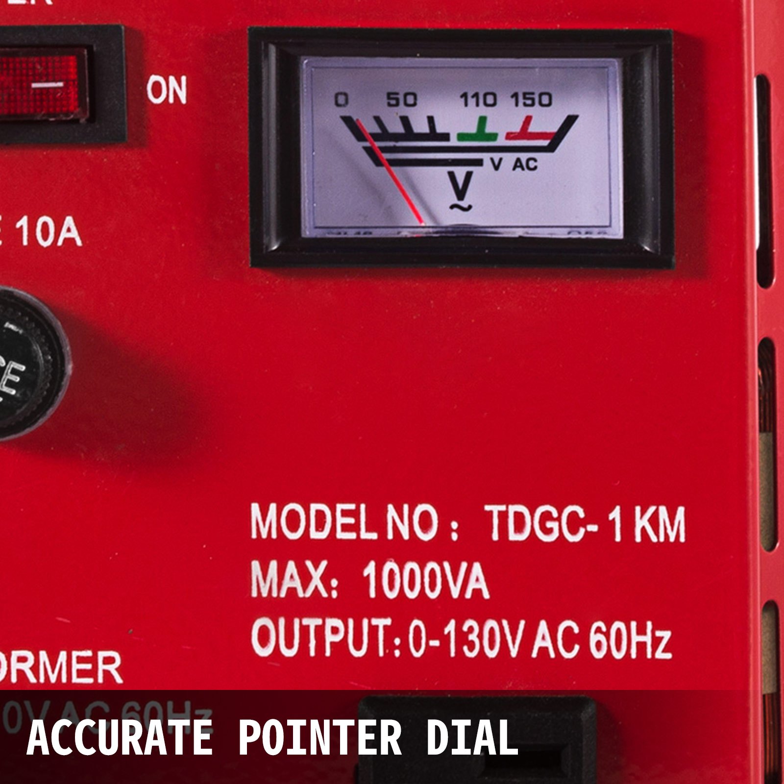 Regulador de voltaje VEVOR con dial indicador preciso y detalles del modelo mostrados en rojo.