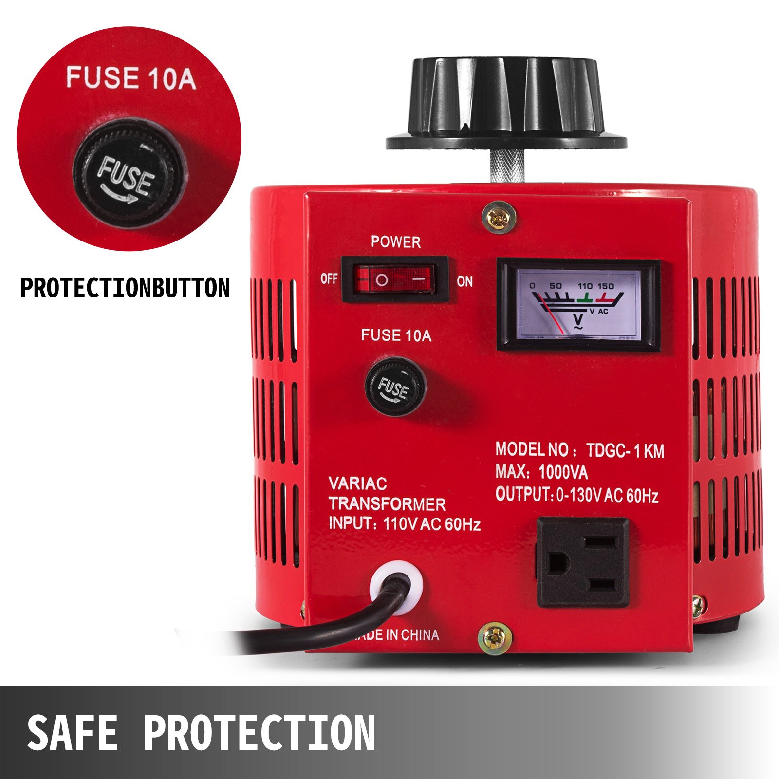 Regulador de voltaje VEVOR rojo con funciones de seguridad y controles fáciles de usar.