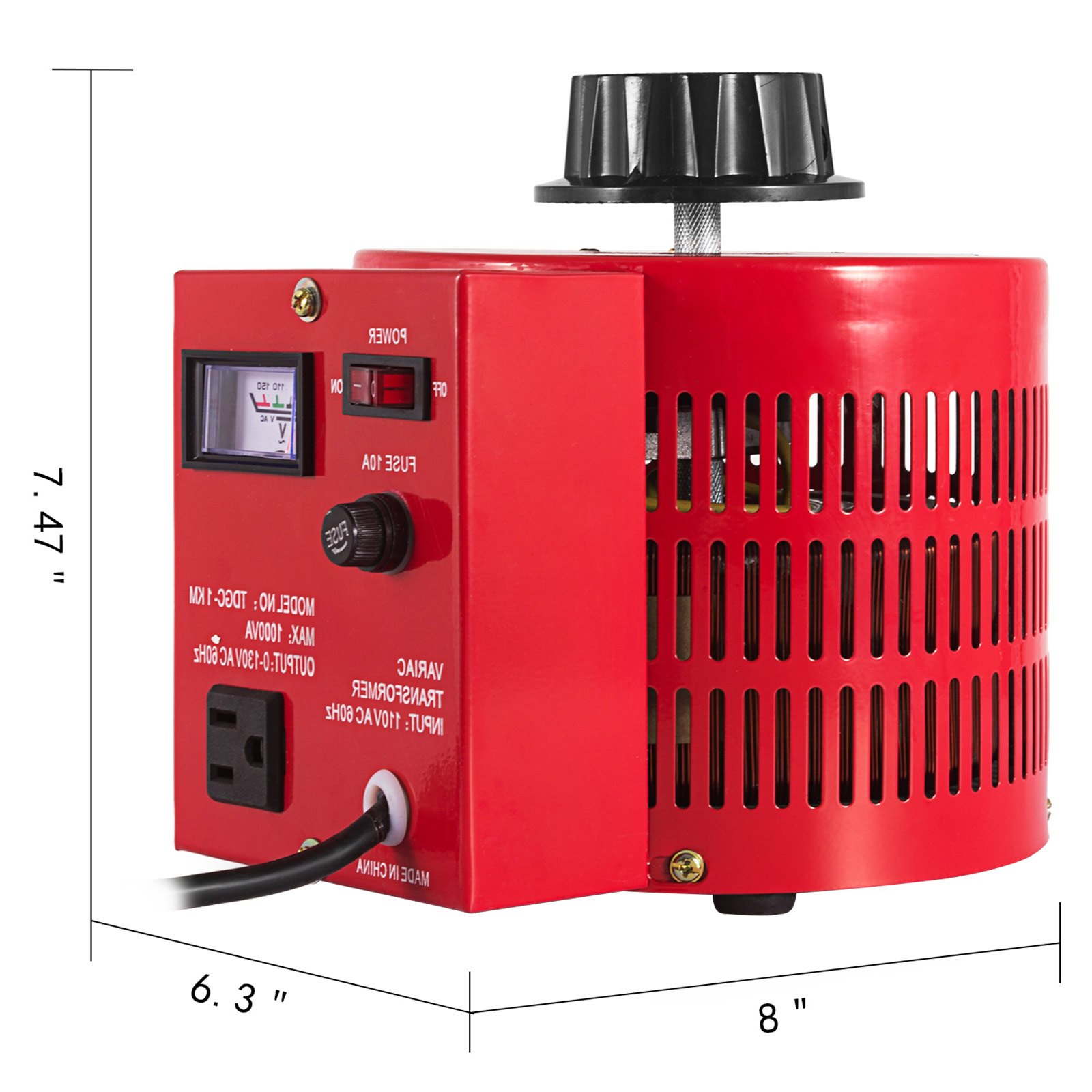 Regulador de voltaje VEVOR rojo, 7,47&quot; alto x 6,3&quot; ancho x 8&quot; profundidad, con perilla de control y toma de corriente.