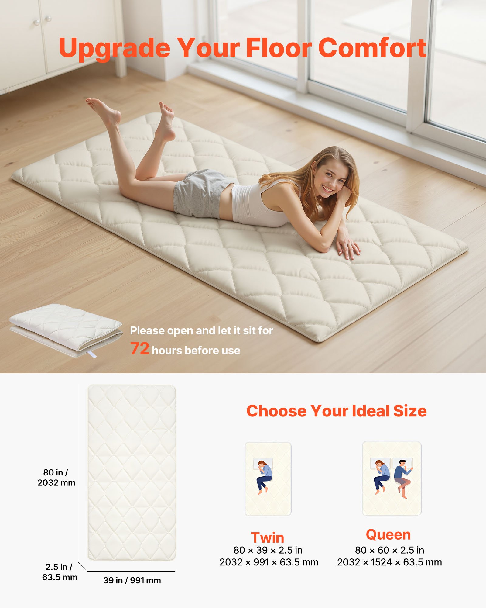 VEVOR Colchón Futón Japonés, Tatami Plegable de Tamaño Individual, con Bolsa de Almacenamiento y Herrajes de Montaje, Esterilla de 9 Capas para Meditación y Yoga, Blanco, 2032 x 991 x 63,5 mm