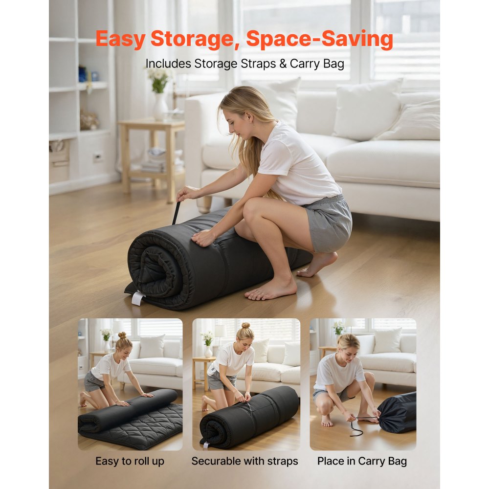 VEVOR Colchón Futón Japonés, Tatami Plegable de Tamaño Completo, con Bolsa de Almacenamiento y Herrajes de Montaje, Esterilla de 9 Capas para Meditación y Yoga, Color Negro, 2032 x 1372 x 89 mm