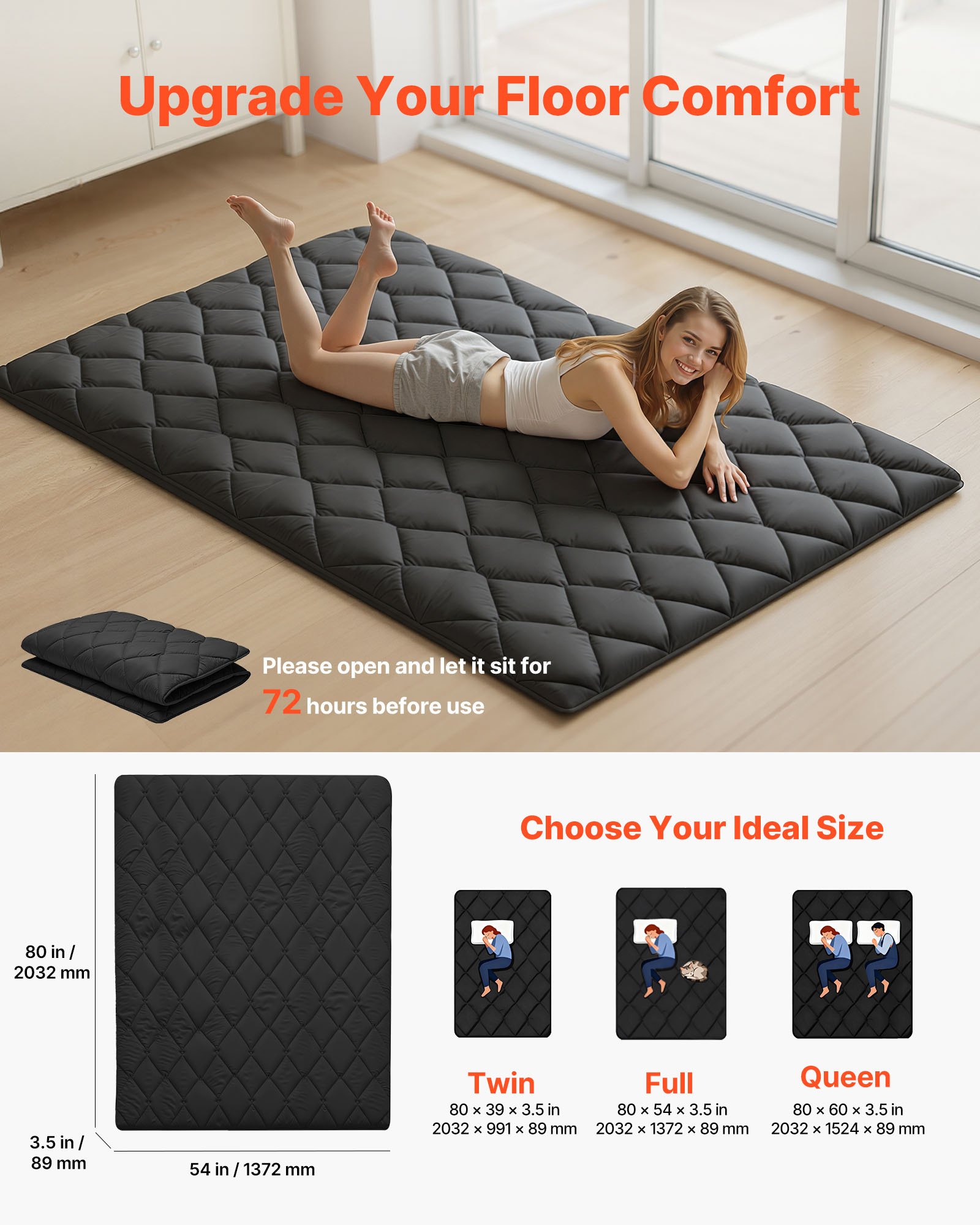 VEVOR Colchón Futón Japonés, Tatami Plegable de Tamaño Completo, con Bolsa de Almacenamiento y Herrajes de Montaje, Esterilla de 9 Capas para Meditación y Yoga, Color Negro, 2032 x 1372 x 89 mm