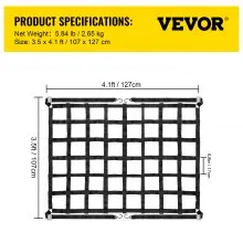 Red de carga VEVOR de 3.5 x 4.1 pies con ganchos en S, red de carga para cama de camión, redes de carga resistentes, capacidad de 1100 libras para camionetas (42 x 50 pulgadas)