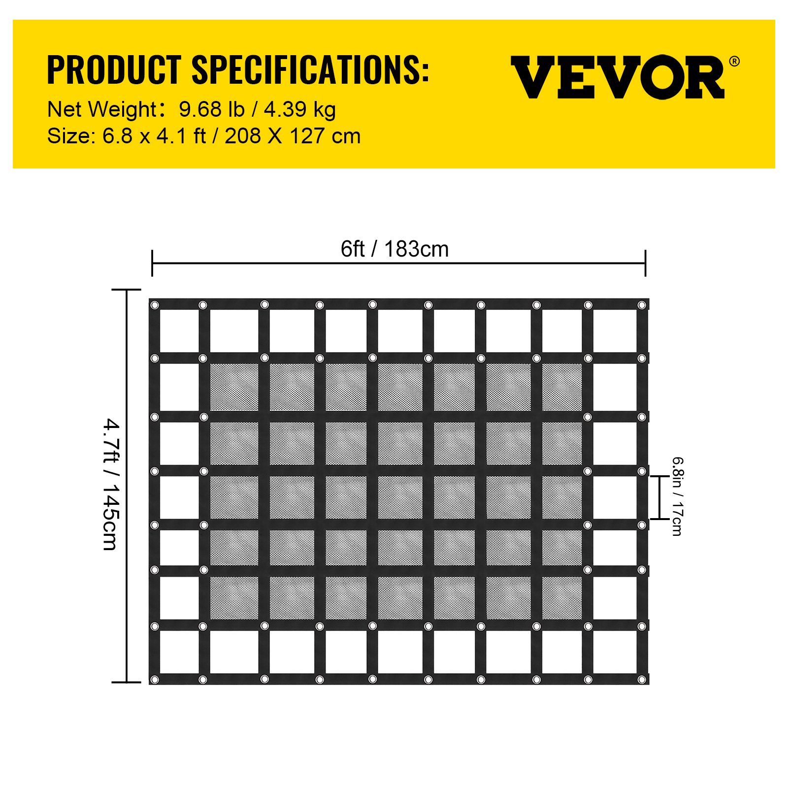 Especificaciones de la red de carga VEVOR: 6,8 x 4,1 pies, 9,68 lb, dimensiones de la red 6 pies x 4,7 pies.