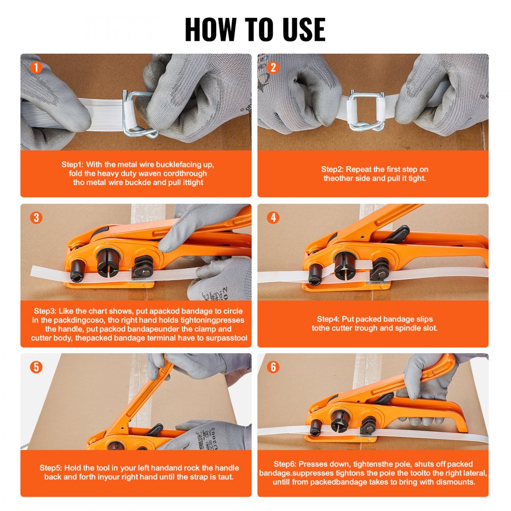 Manos enguantadas que demuestran cómo utilizar el kit de flejado y bandas VEVOR con instrucciones paso a paso.