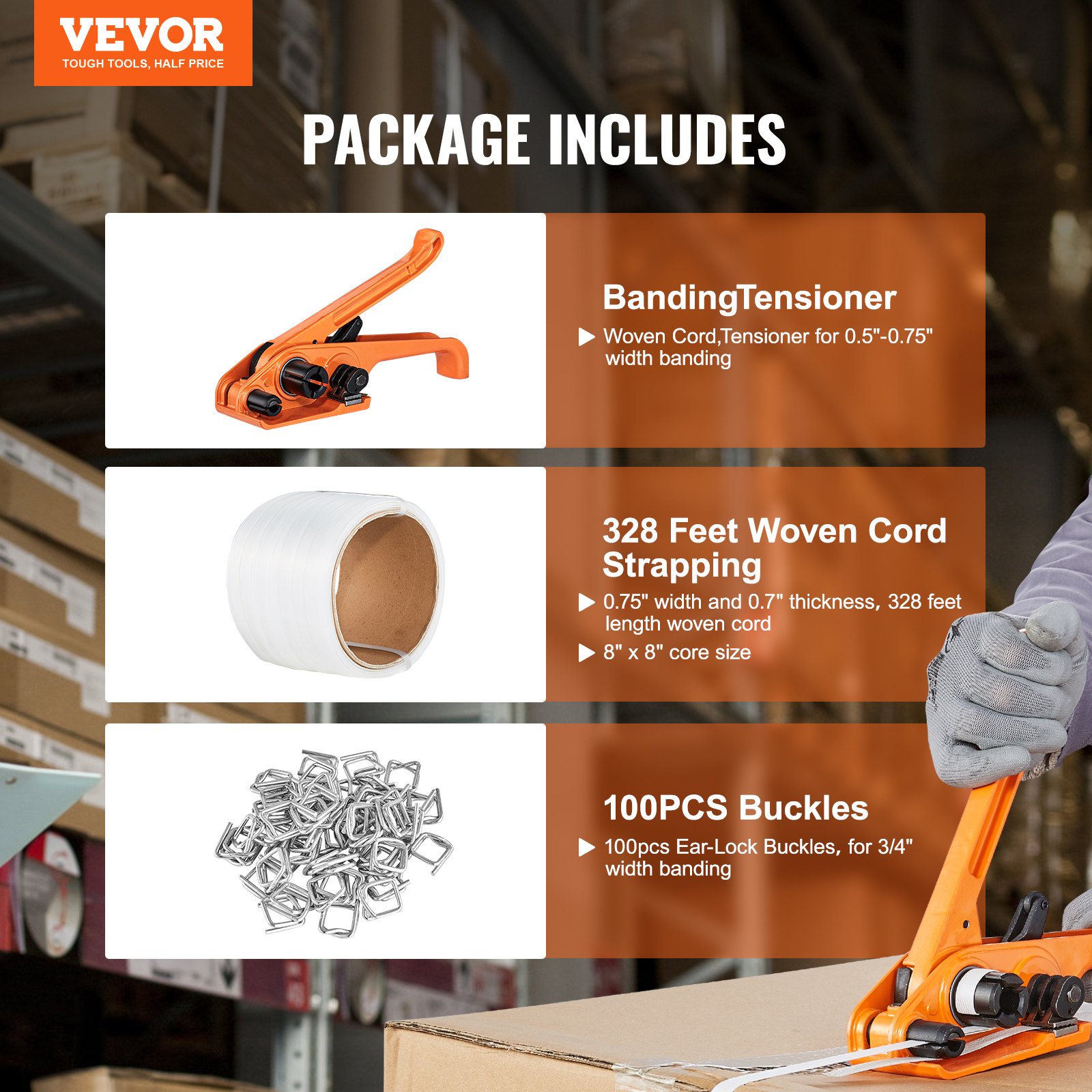 El kit de flejado de bandas VEVOR incluye tensor de bandas, fleje de cordón tejido de 328 pies y 100 hebillas.