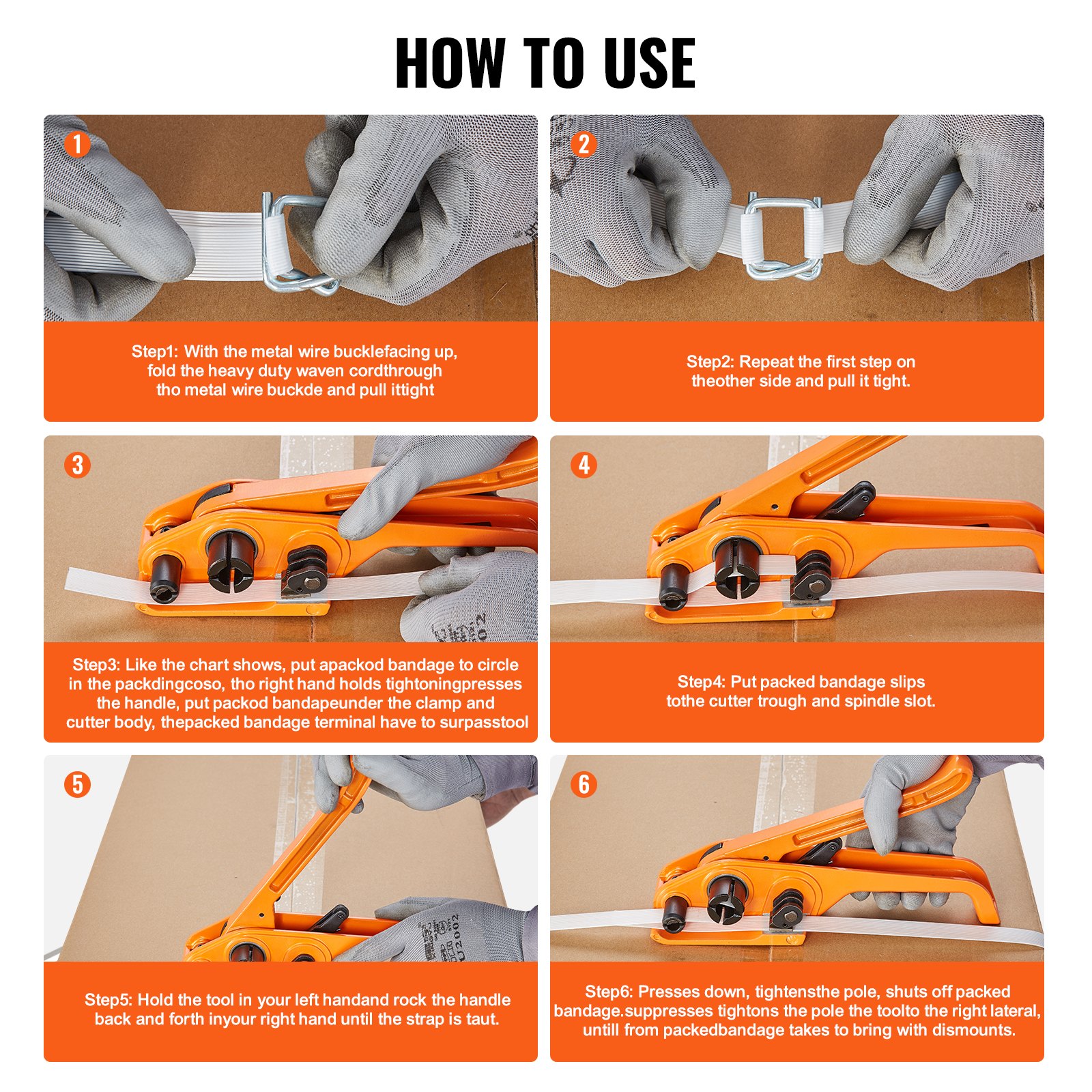 Manos enguantadas que demuestran cómo utilizar el kit de flejado y bandas VEVOR con instrucciones paso a paso.
