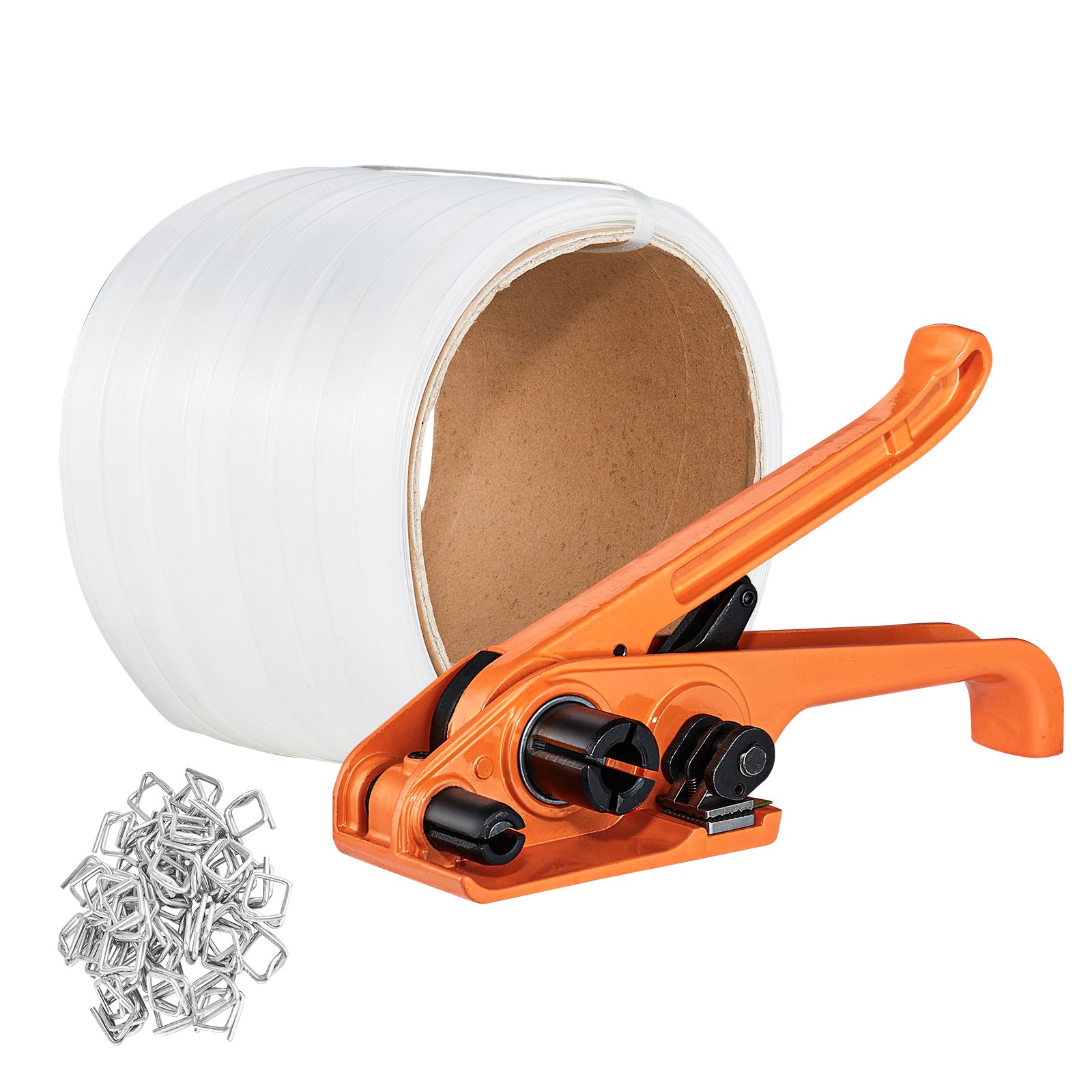 Kit de flejado VEVOR naranja con tensor, sellos metálicos y un rollo de fleje blanco.
