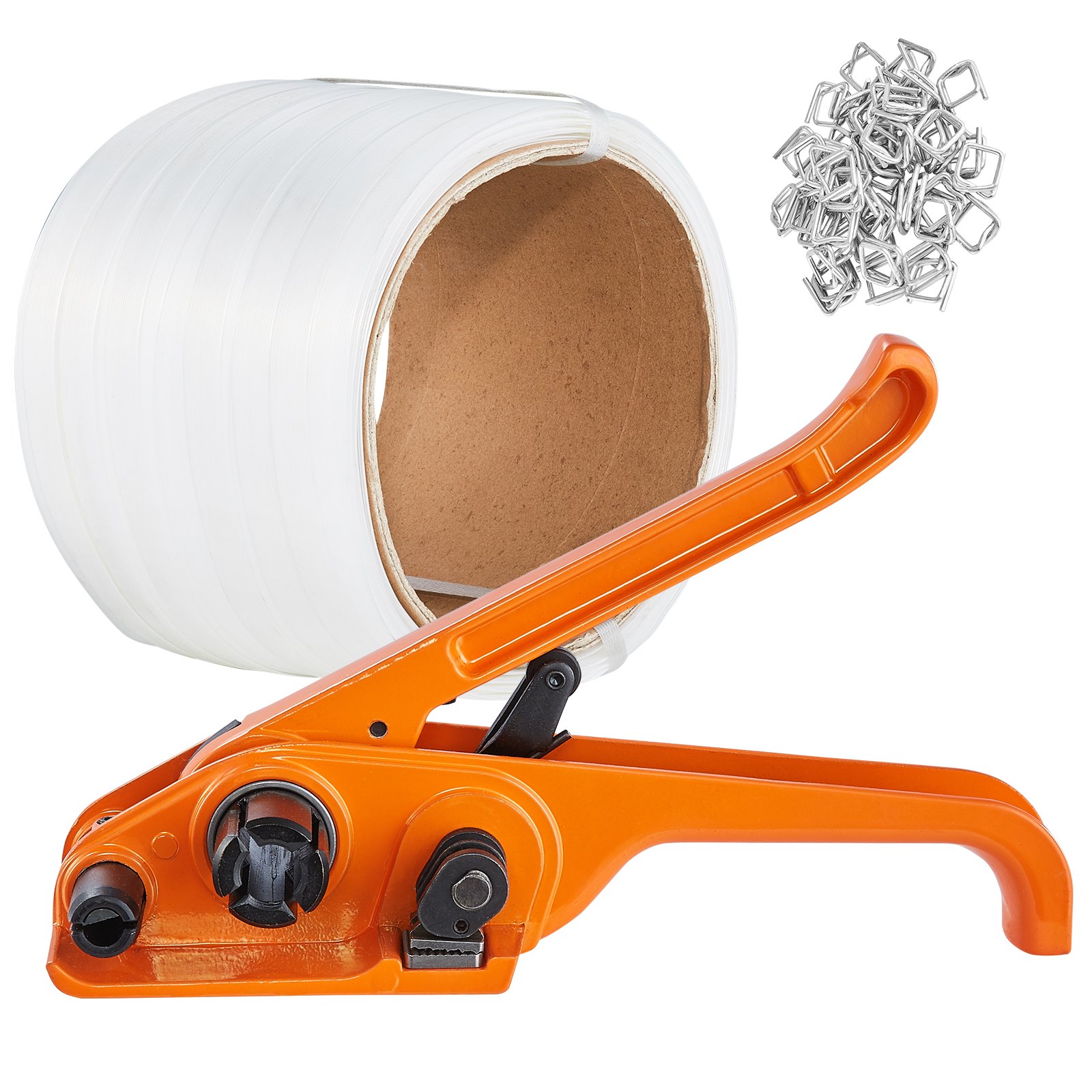 Herramienta de flejado naranja, rollo de flejado blanco y sellos metálicos para el kit de flejado de bandas VEVOR.