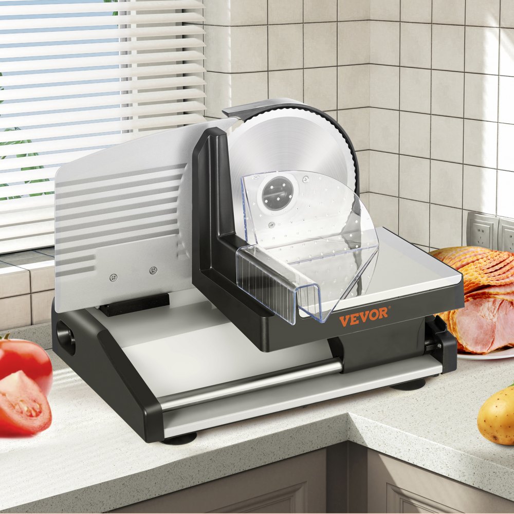 Cortadora de fiambres VEVOR, cortadora eléctrica de 200 W con dos cuchillas extraíbles de acero inoxidable de 19 cm, grosor ajustable de 0 a 15 mm para uso doméstico, con bloqueo para niños, ideal para carne, queso y pan.
