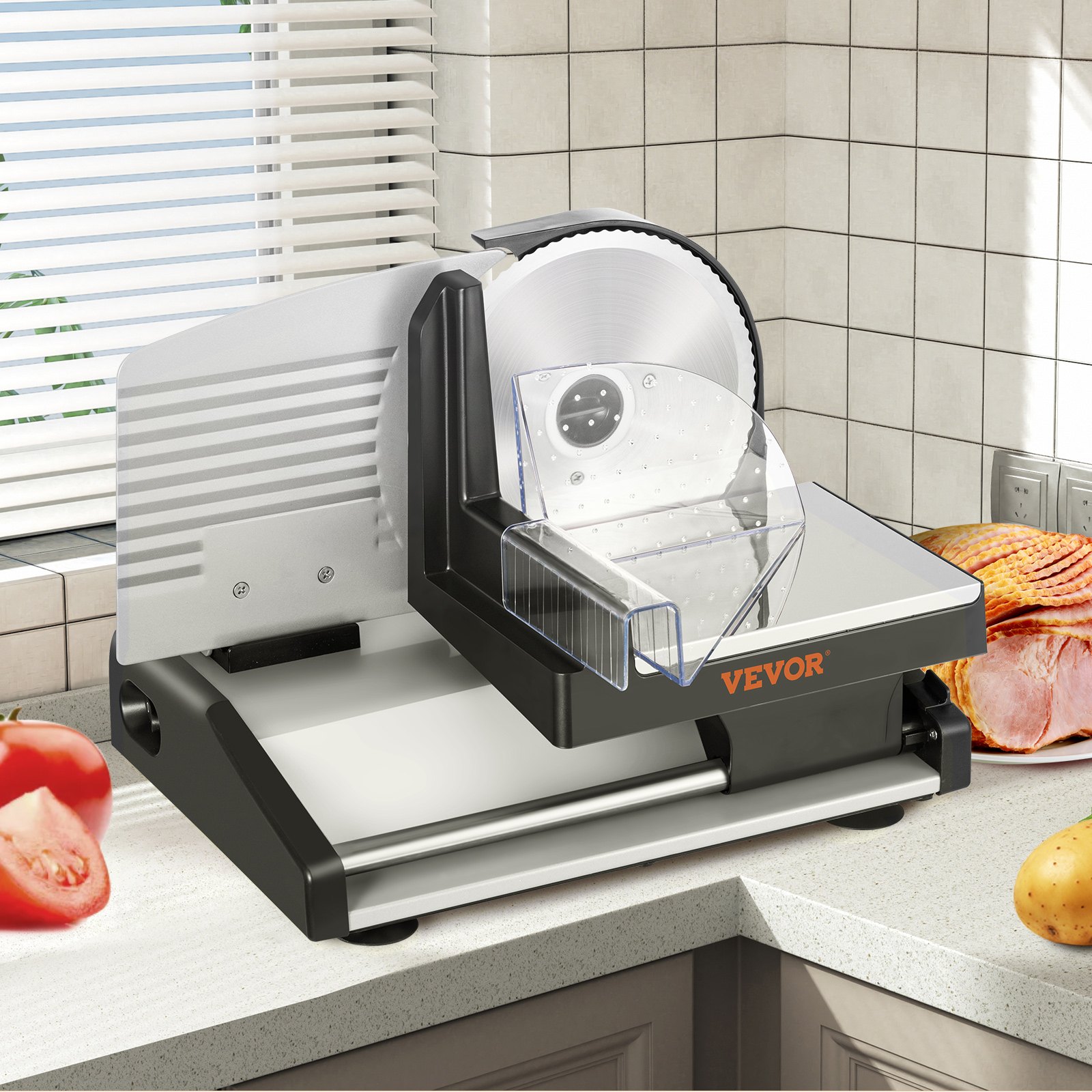 Cortadora de fiambres VEVOR, cortadora eléctrica de 200 W con dos cuchillas extraíbles de acero inoxidable de 19 cm, grosor ajustable de 0 a 15 mm para uso doméstico, con bloqueo para niños, ideal para carne, queso y pan.