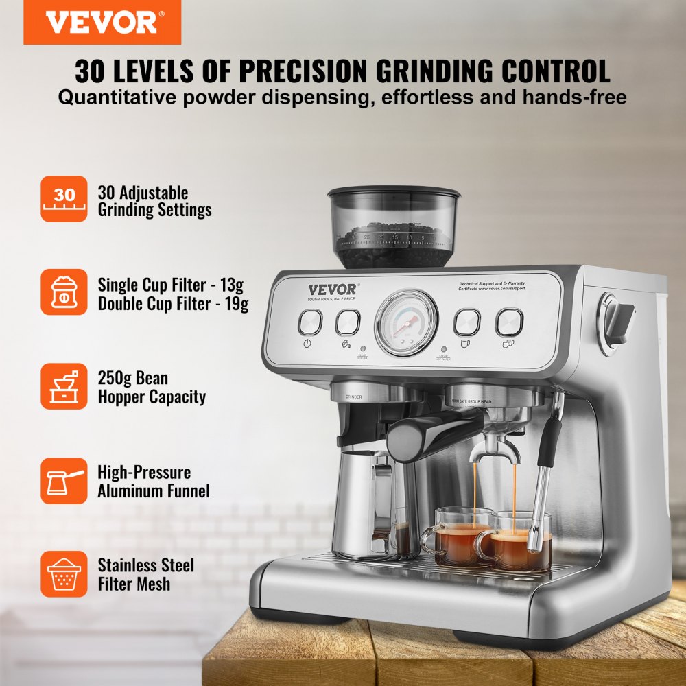 Cafetera expreso VEVOR con 30 niveles de molienda, tolva de granos de 250 g, embudo de alta presión y filtro de acero inoxidable.