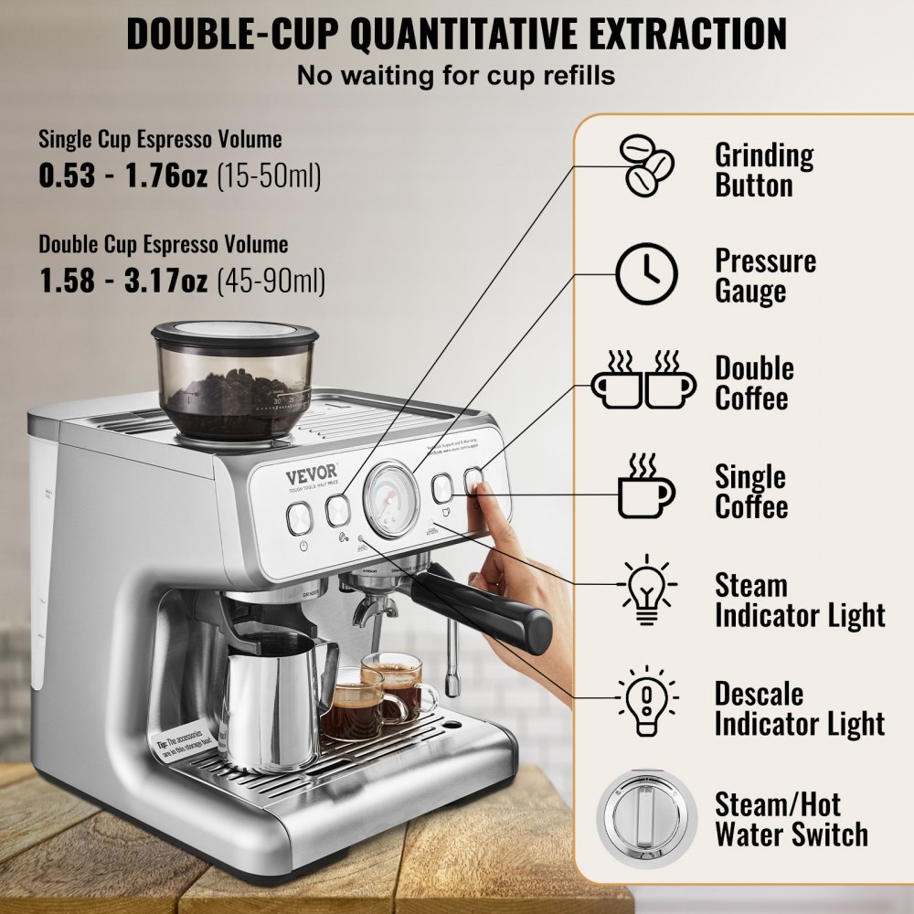 cafetera VEVOR de doble taza con botones de molienda y indicador de presión.