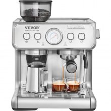 VEVOR Cafetera espresso con molinillo, cafetera espresso semiautomática de 15 bares con varilla de vapor espumador de leche, tanque de agua extraíble y manómetro para capuchino, latte, machiato, sistema de control PID