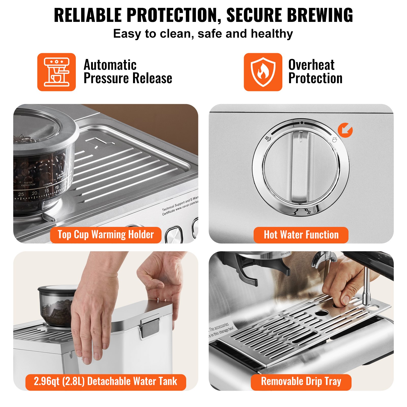 Máquina de café expreso VEVOR con liberación automática de presión, soporte superior para calentar tazas, función de agua caliente, tanque de agua desmontable y bandeja de goteo extraíble.