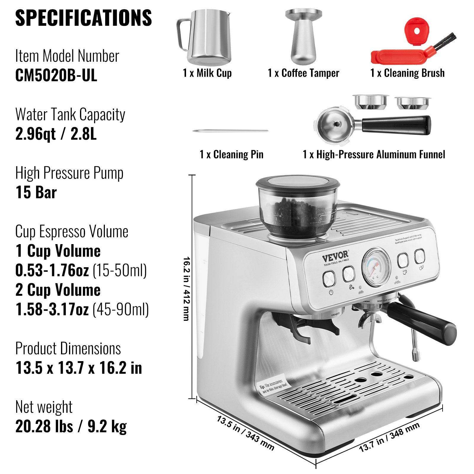 Cafetera expreso VEVOR, modelo cm5020b-ul, tanque de 2,96 qt, presión de 15 bares, dimensiones 13,5 x 13,7 x 16,2 pulgadas.
