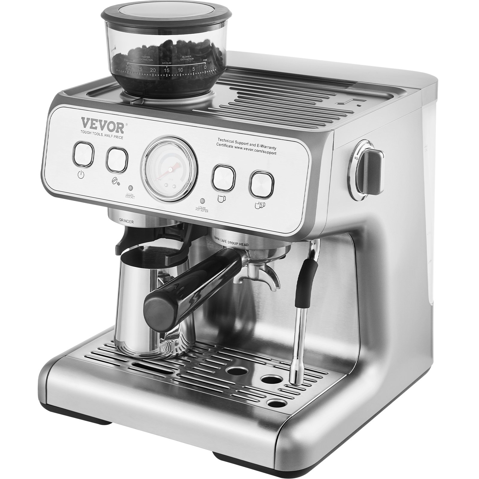 Cafetera espresso VEVOR con molinillo, manómetro, varilla de vapor y acabado en acero inoxidable.