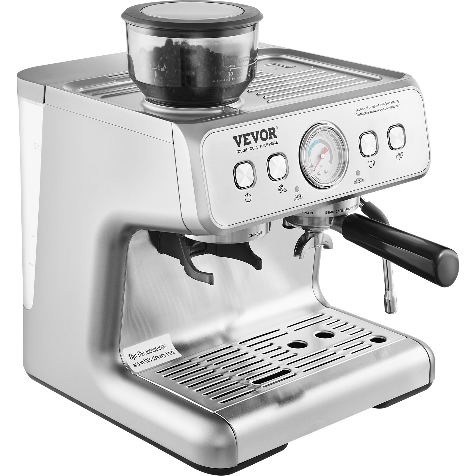 Máquina de café expreso VEVOR con molinillo incorporado, manómetro y elegante diseño de acero inoxidable.