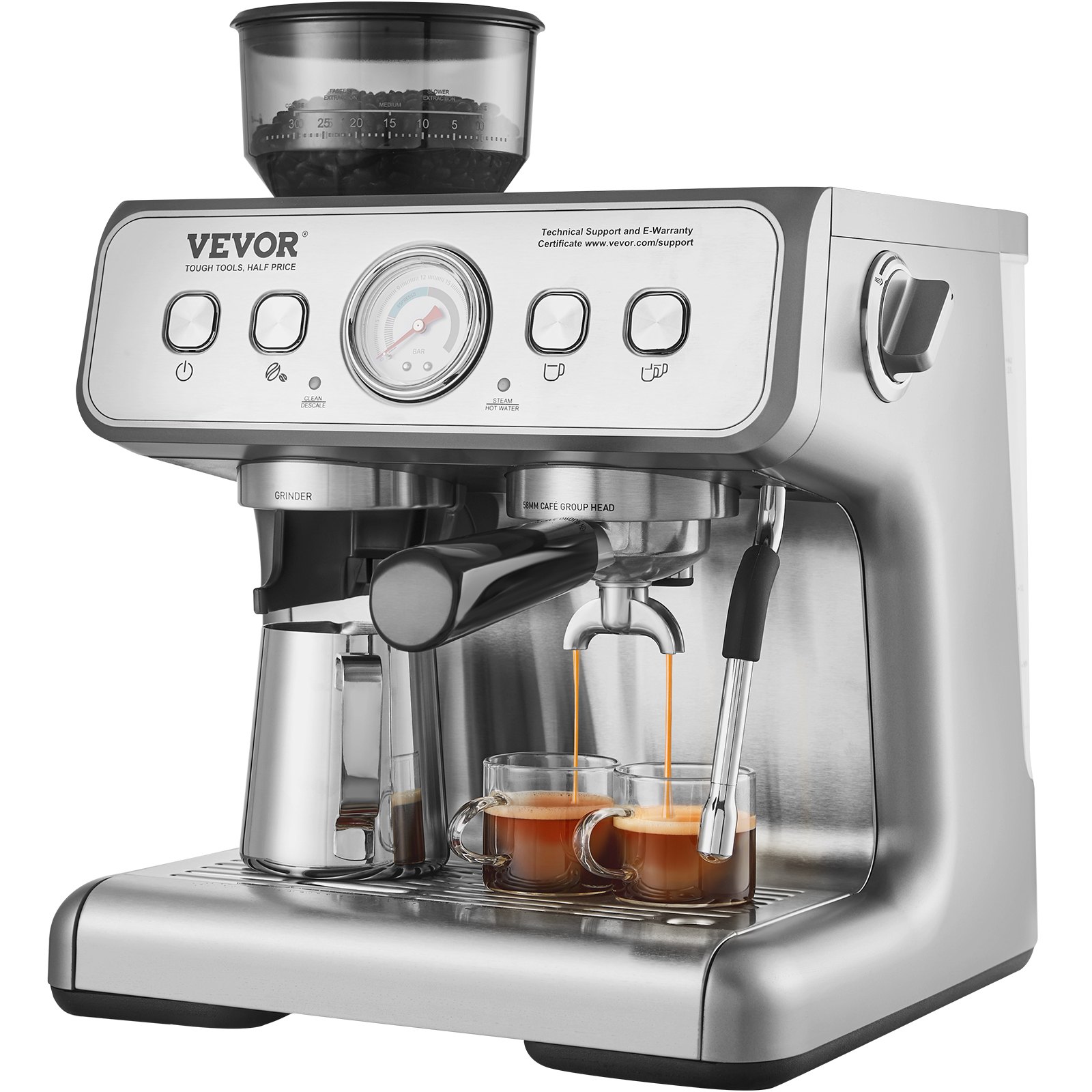 Máquina de café expreso VEVOR con molinillo incorporado, espumador y boquillas de café dobles para preparar espresso.