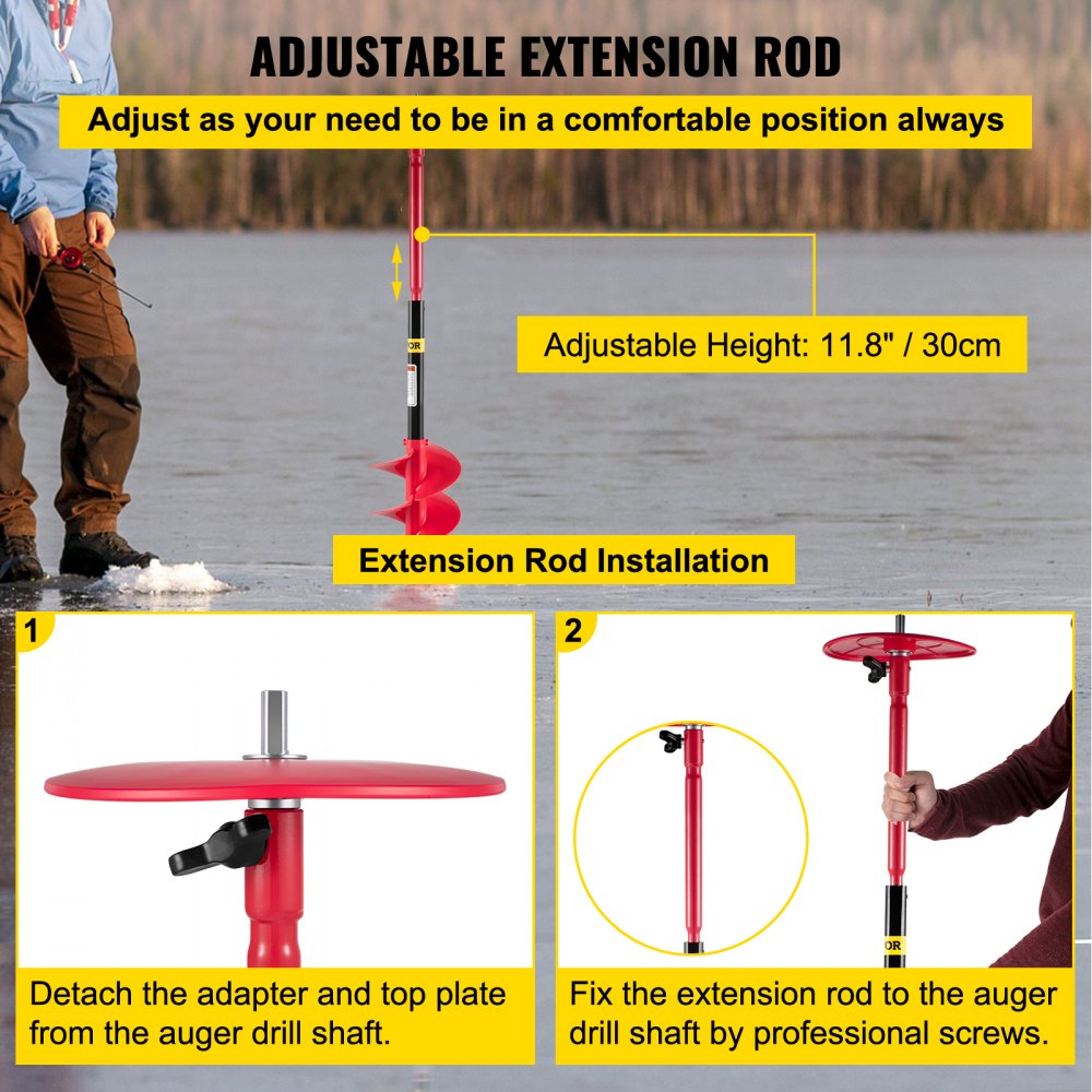 Varilla de extensión ajustable para la barrena perforadora de hielo VEVOR con pasos de instalación.
