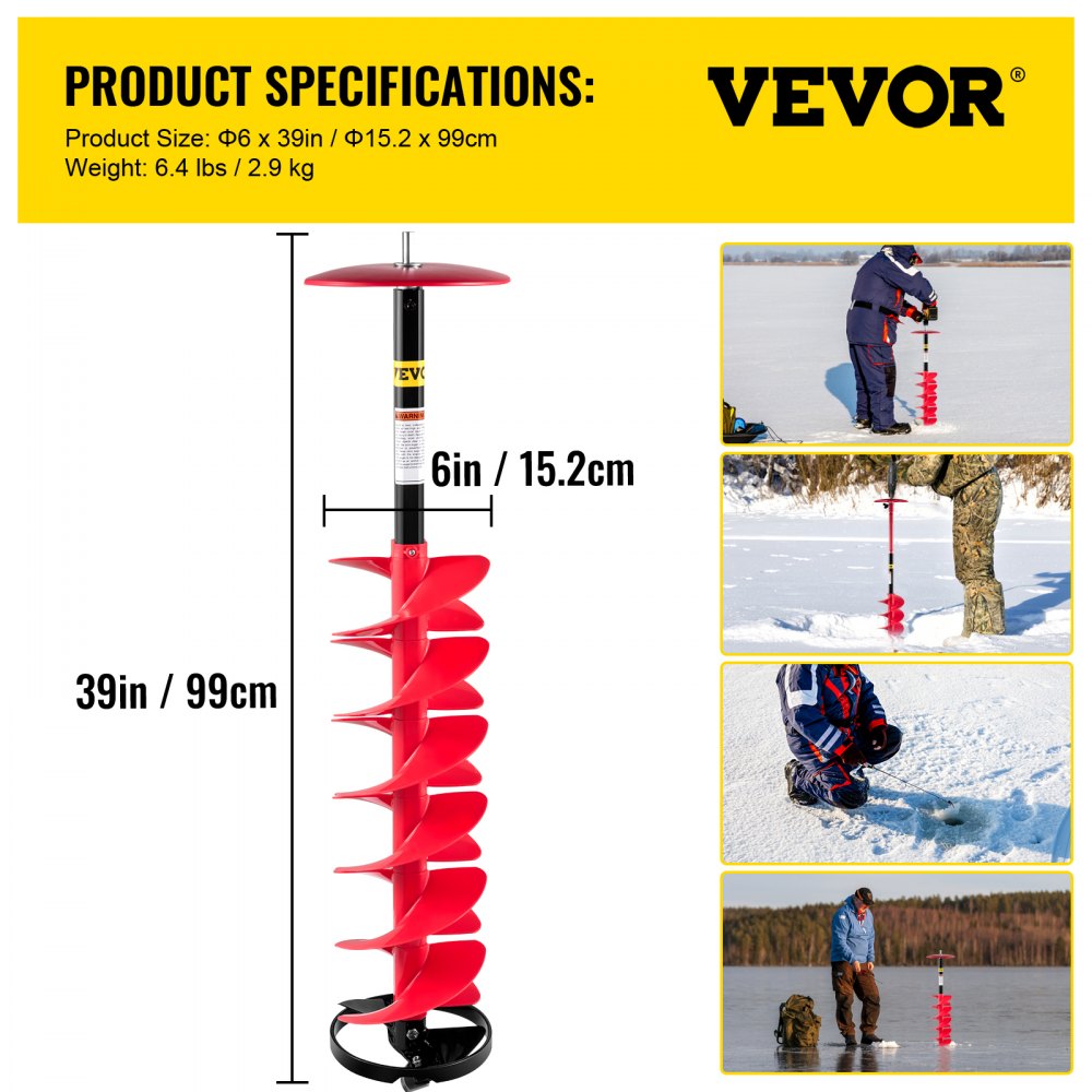 Especificaciones de la barrena perforadora de hielo VEVOR con imágenes de la barrena en uso en hielo.