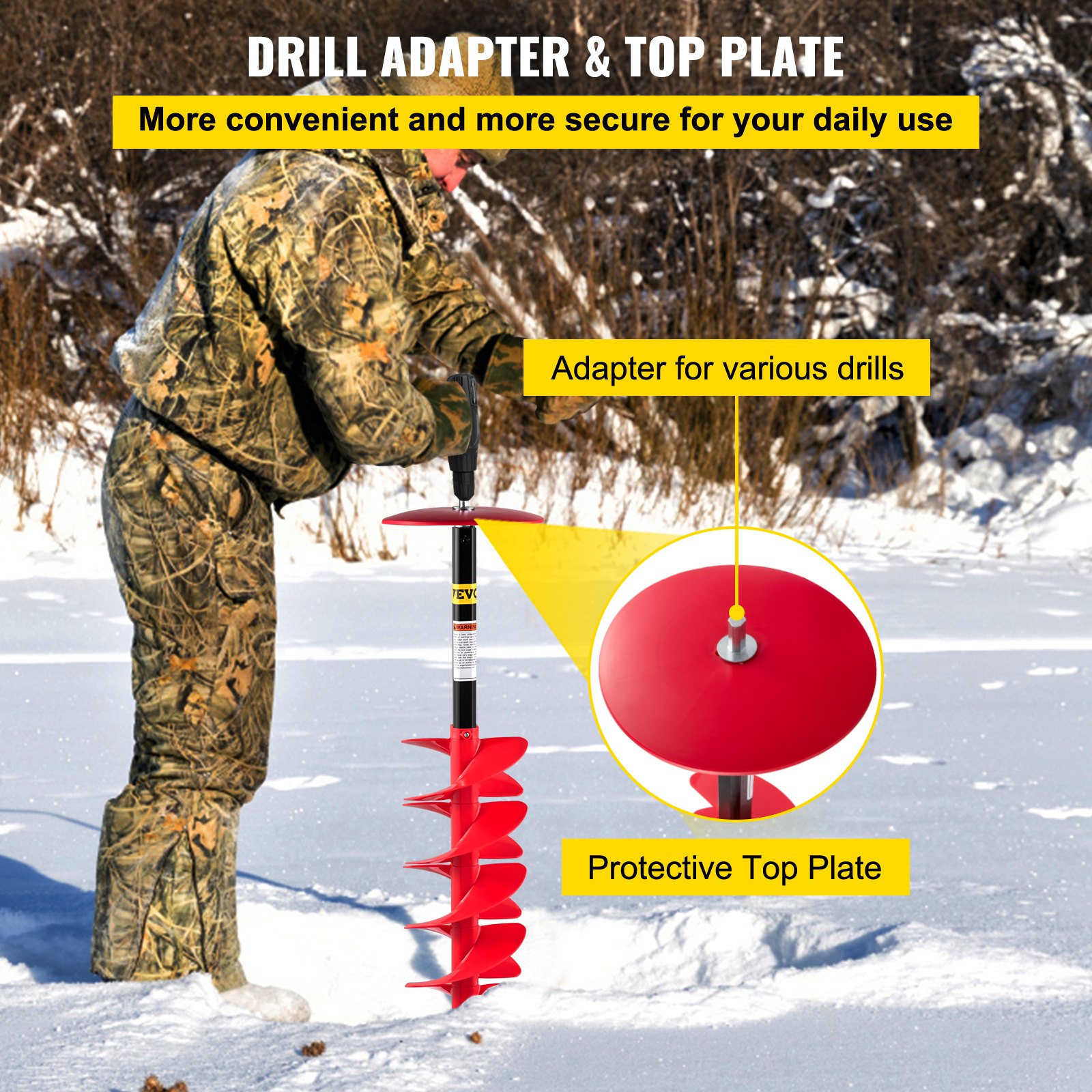 Barrena para perforación de hielo VEVOR en uso en un lago congelado con adaptador de taladro y placa superior protectora.
