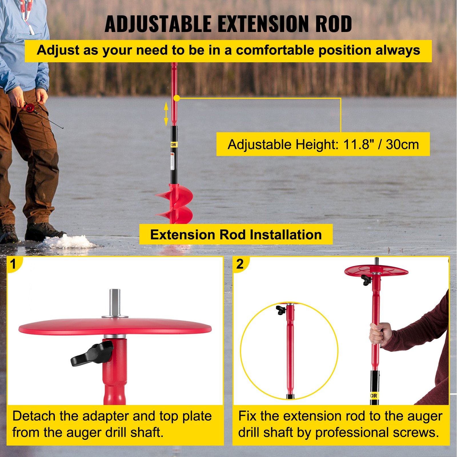 Varilla de extensión ajustable para la barrena perforadora de hielo VEVOR con pasos de instalación.