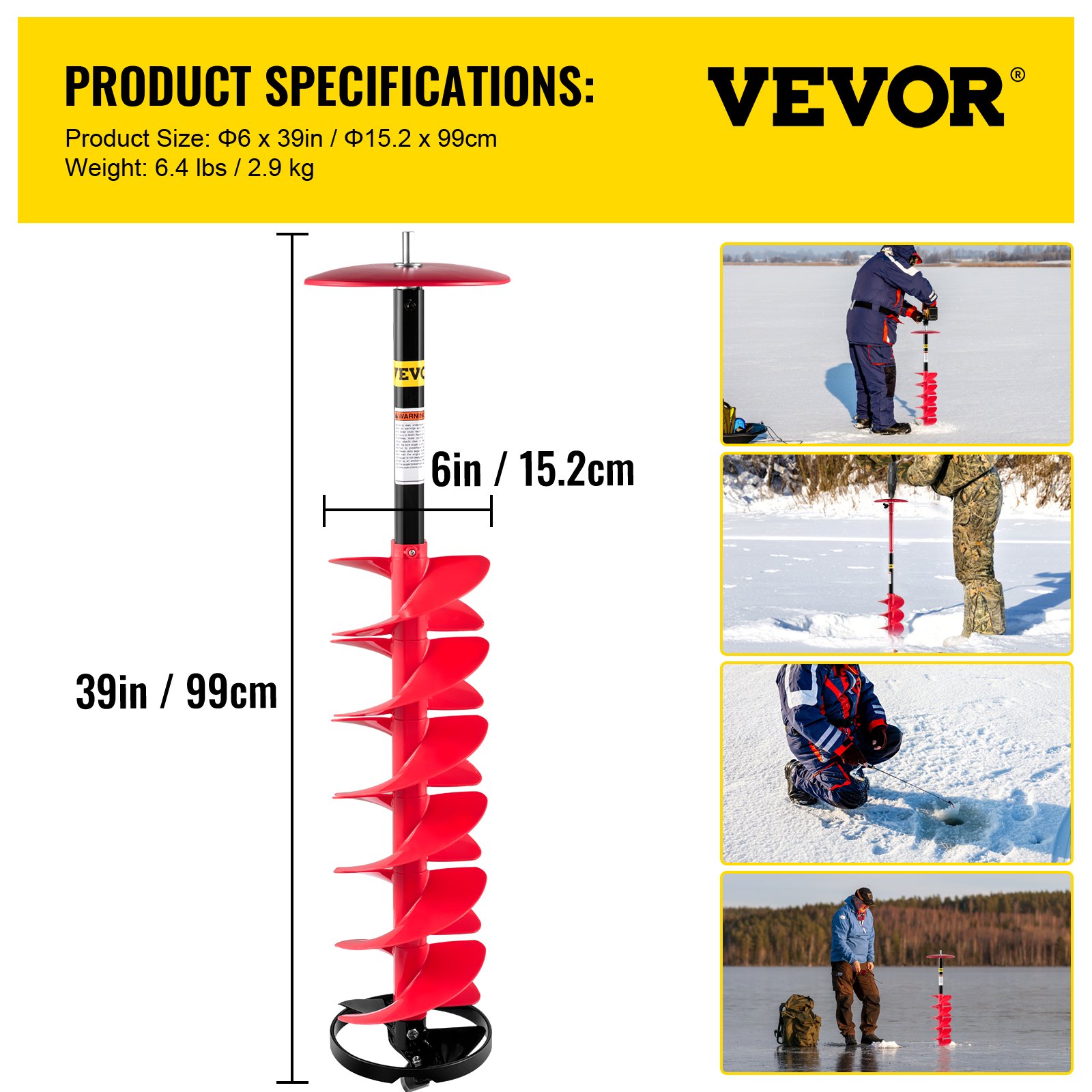 Especificaciones de la barrena perforadora de hielo VEVOR con imágenes de la barrena en uso en hielo.