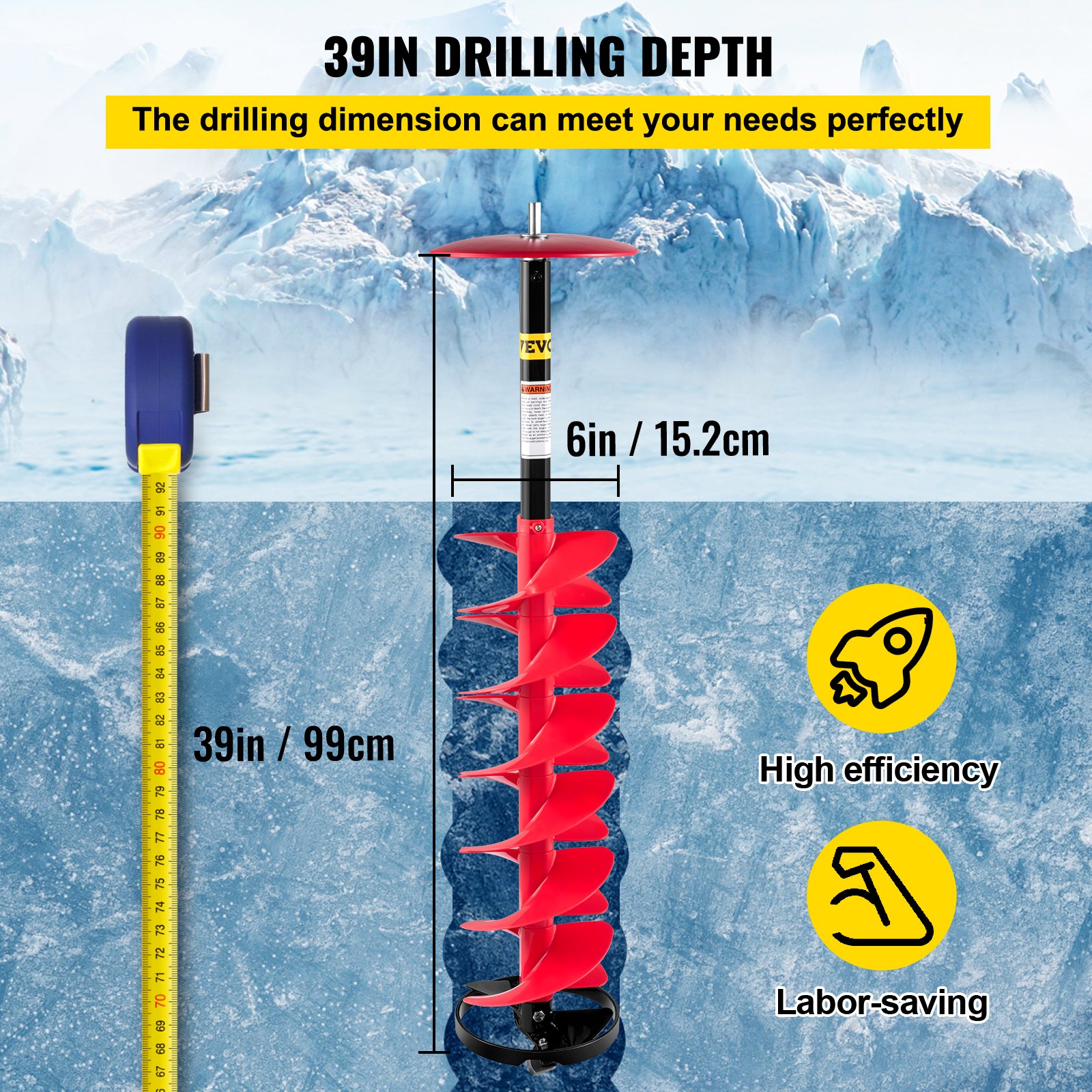 Taladro de hielo VEVOR, taladro de hielo de nailon de 6" de diámetro, broca de 39" de longitud, taladro con varilla de extensión de 11,8", broca con adaptador de taladro, placa superior y protector de cuchilla para pesca y excavación en hielo.