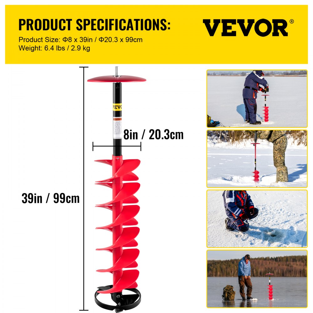 Barrena para perforación de hielo VEVOR, 39 x 8 pulgadas, que se muestra con especificaciones y en uso sobre hielo.
