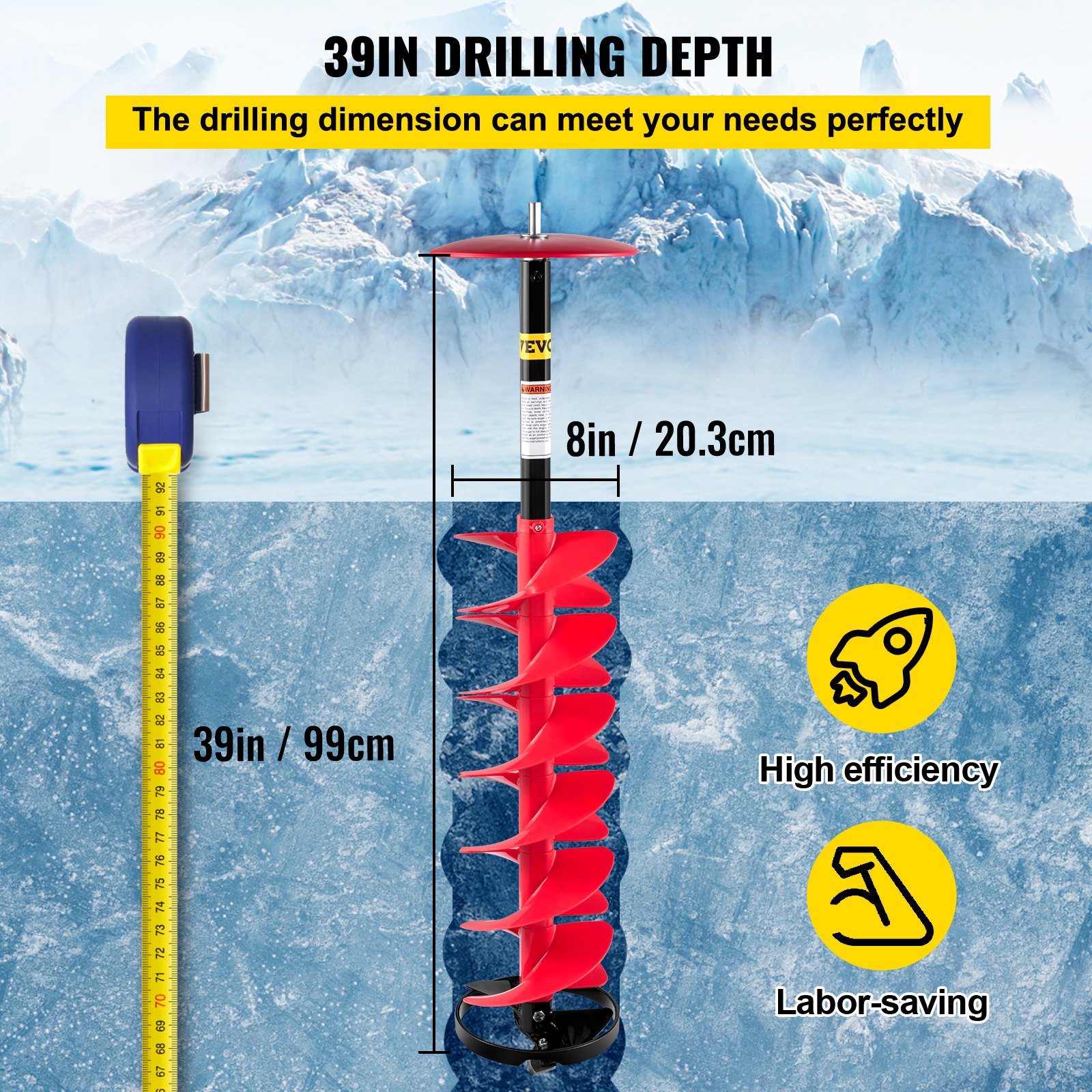Barrena para perforación de hielo VEVOR con 39 pulgadas de profundidad de perforación y 8 pulgadas de ancho, alta eficiencia, ahorro de mano de obra.