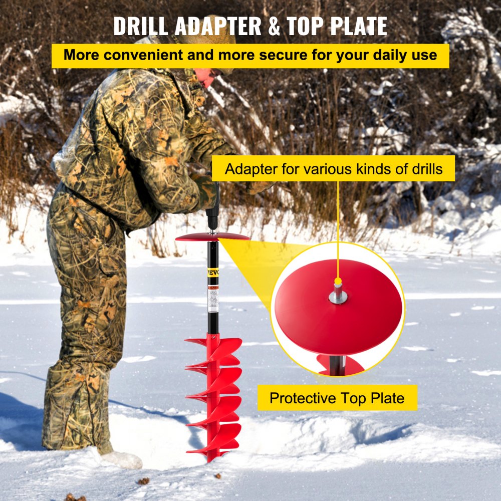 Persona que utiliza una barrena perforadora de hielo VEVOR con adaptador y placa superior protectora sobre hielo.