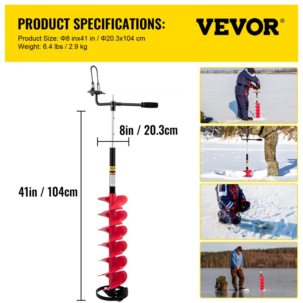 Barrena para hielo VEVOR, 41 pulgadas/104 cm de altura, hoja en espiral roja, utilizada en pesca en hielo.