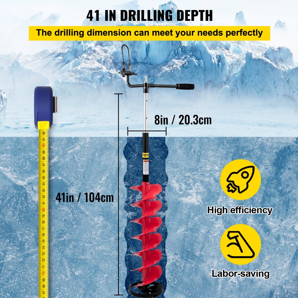 Barrena para hielo VEVOR, barrena de nailon de 20,32 cm de diámetro, broca de 104,6 cm de longitud, varilla de extensión ajustable de 35,56 cm, mango de goma, adaptador de taladro y cuchilla reemplazable para pesca en hielo.