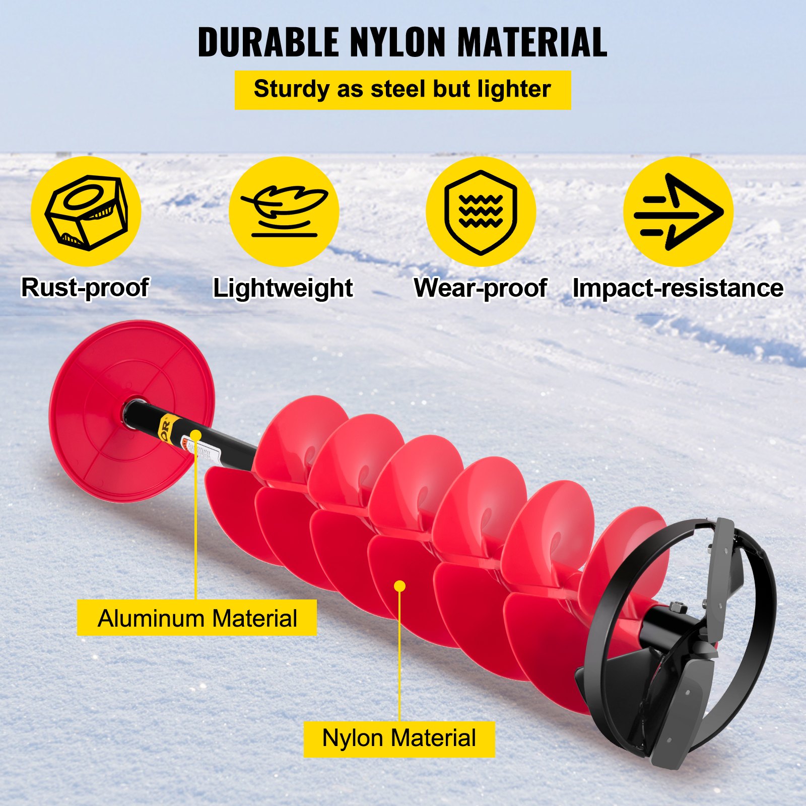 La barrena para perforar hielo VEVOR está hecha de materiales de nailon y aluminio duraderos.