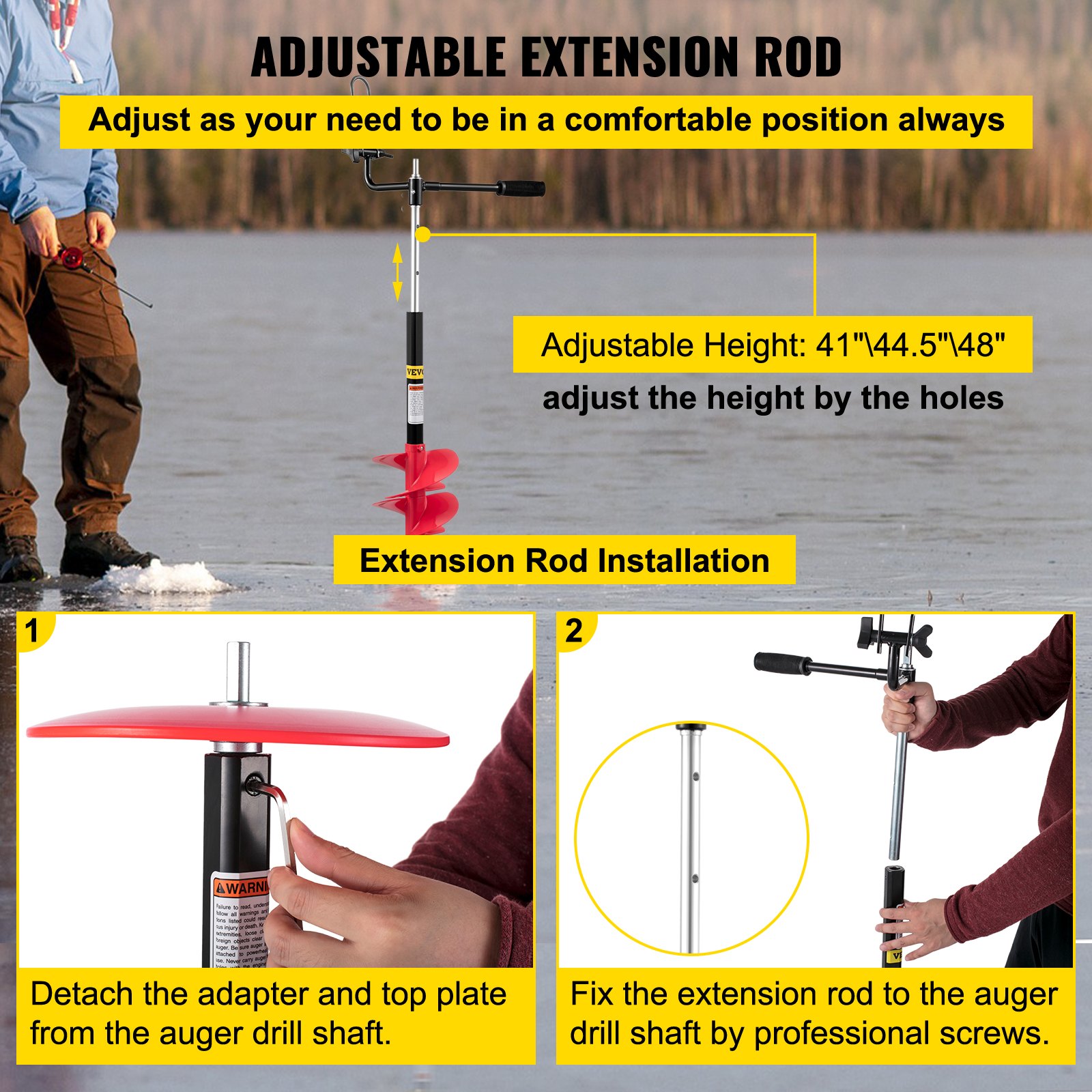 Pesca en el hielo con la varilla extensible para taladro de hielo ajustable VEVOR en un lago congelado.