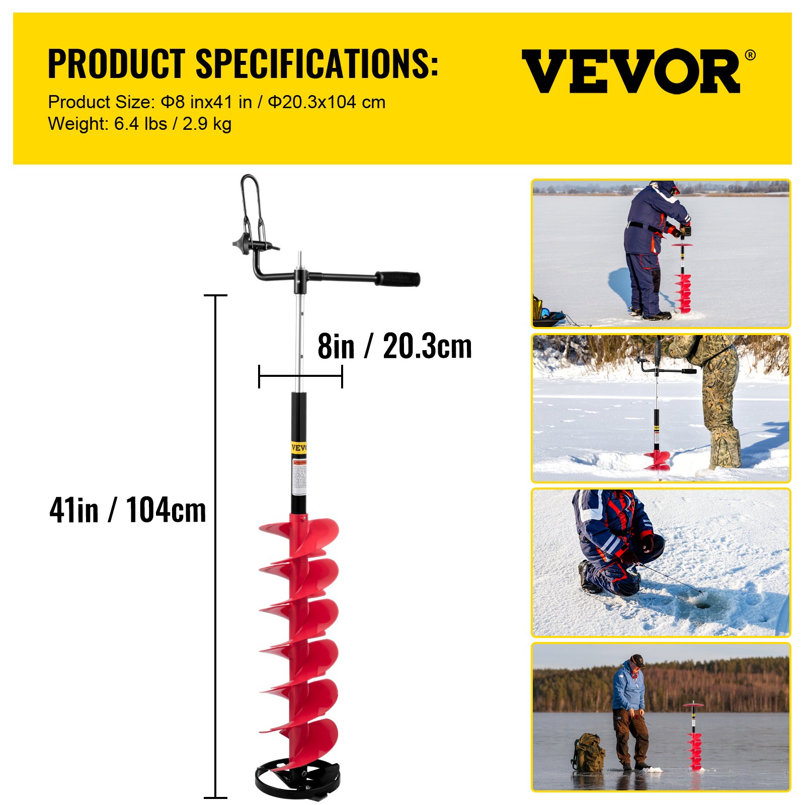 Barrena para hielo VEVOR, 41 pulgadas/104 cm de altura, hoja en espiral roja, utilizada en pesca en hielo.
