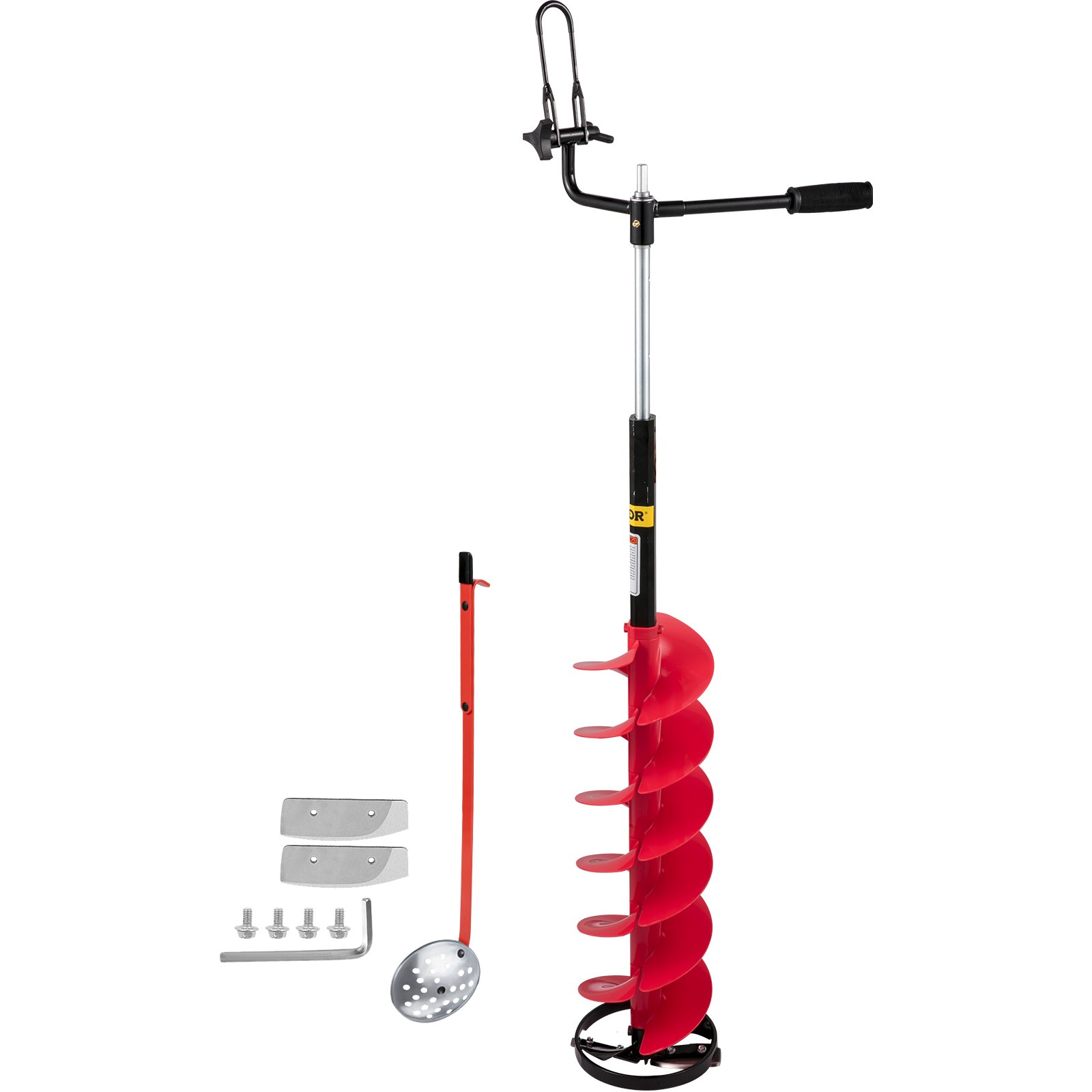 Barrena para hielo VEVOR con accesorios, con hoja en espiral roja y mango negro.