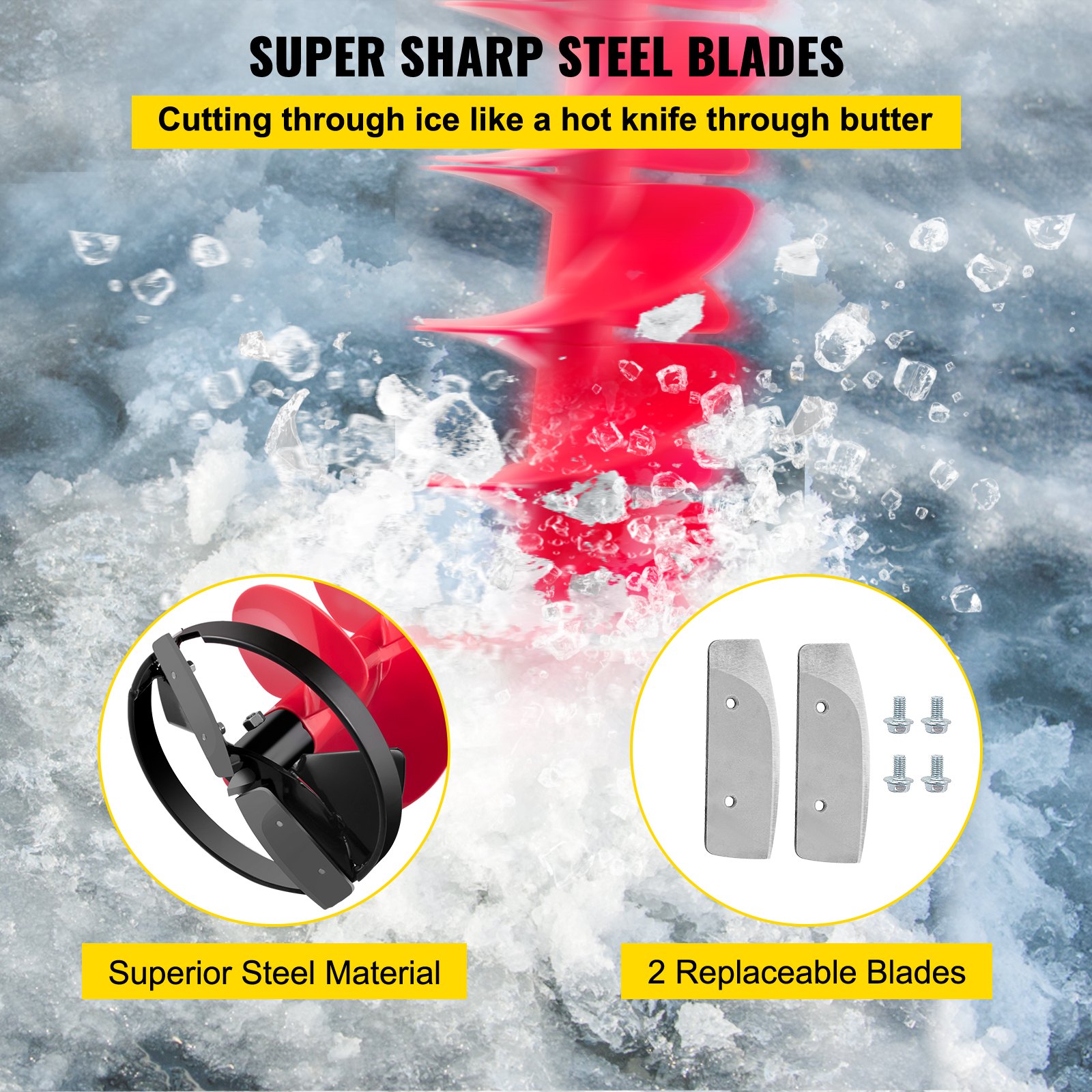 Barrena para hielo VEVOR, barrena de nailon de 20,32 cm de diámetro, broca de 104,6 cm de longitud, varilla de extensión ajustable de 35,56 cm, mango de goma, adaptador de taladro y cuchilla reemplazable para pesca en hielo.