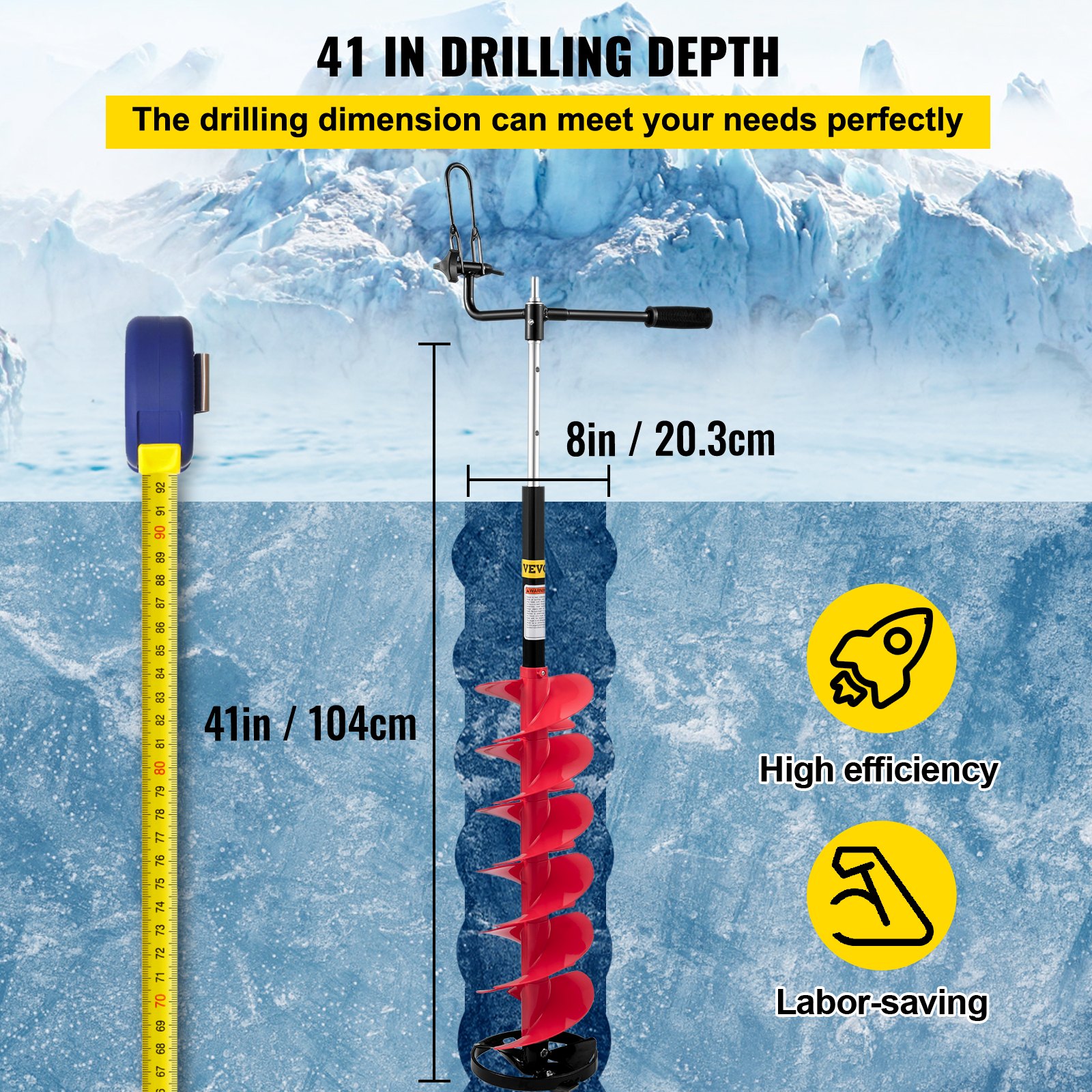 Barrena para hielo VEVOR, barrena de nailon de 20,32 cm de diámetro, broca de 104,6 cm de longitud, varilla de extensión ajustable de 35,56 cm, mango de goma, adaptador de taladro y cuchilla reemplazable para pesca en hielo.