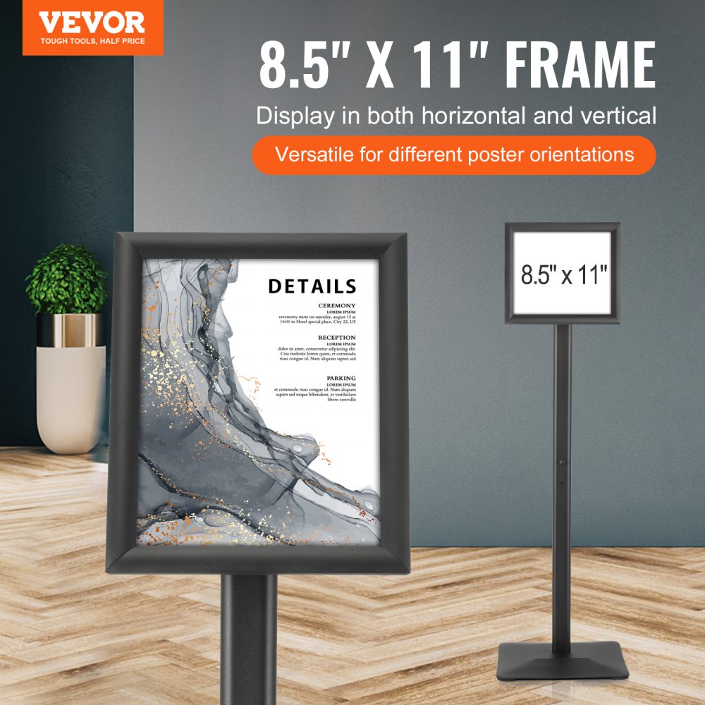 VEVOR - Soporte para carteles de pedestal (8,5 x 11 pulgadas), ajustable vertical y horizontalmente, resistente, con base de metal para exhibición, publicidad y exteriores, color negro