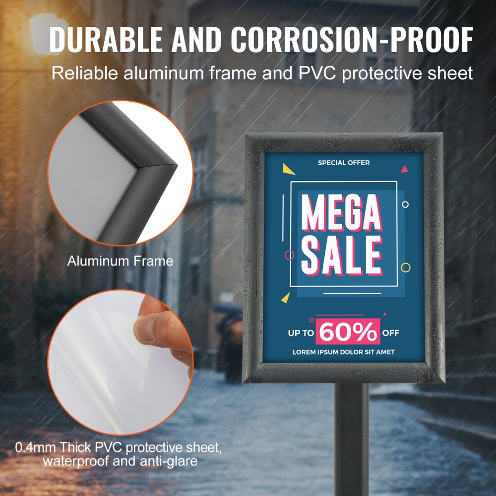 VEVOR - Soporte para carteles de pedestal (8,5 x 11 pulgadas), ajustable vertical y horizontalmente, resistente, con base de metal para exhibición, publicidad y exteriores, color negro