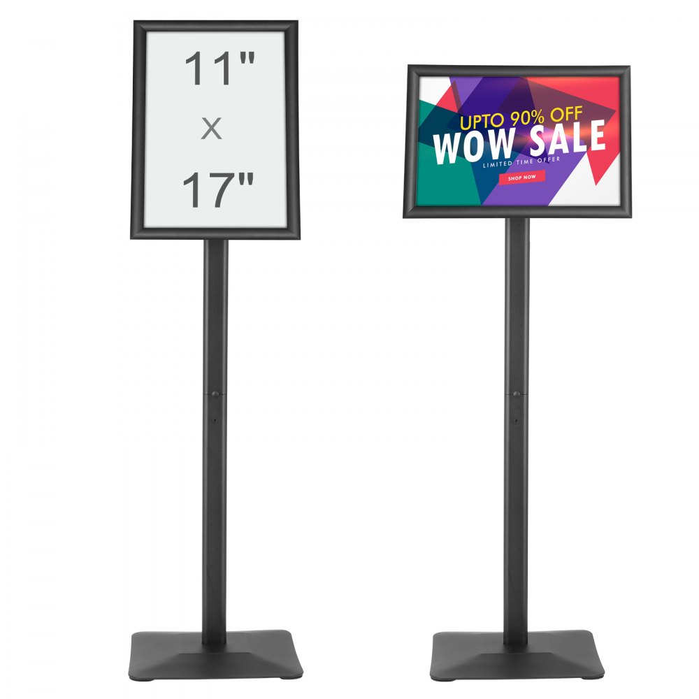 Soporte para letrero de pedestal VEVOR con marco ajustable de 11" x 17", ideal para promociones y exhibiciones.