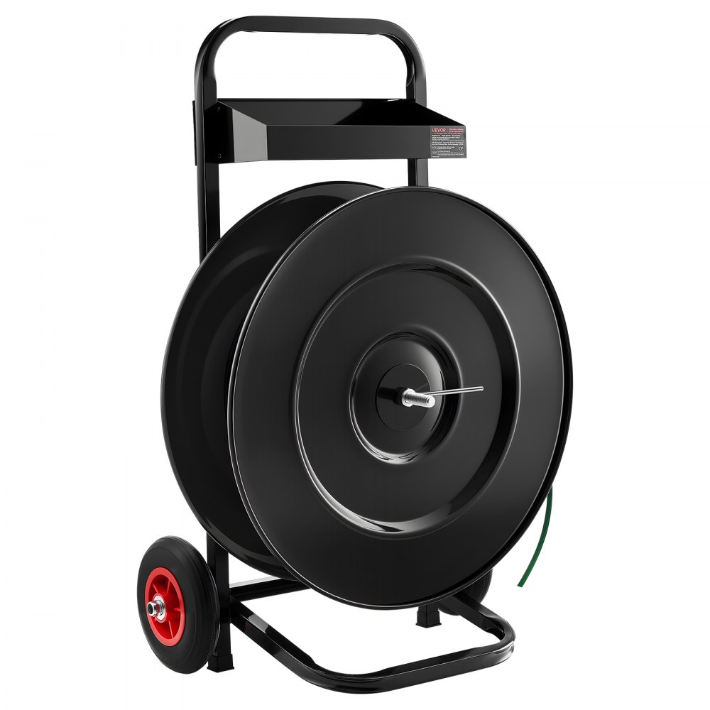Carro flejador VEVOR, apto para bobinas de flejado de PET/PP/poliéster con núcleo de 8 o 16 pulgadas, dispensador de flejado resistente con sistema de freno mejorado y bandeja espaciosa integrada para herramientas.