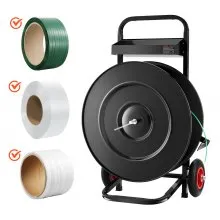 Carro flejador VEVOR, apto para bobinas de flejado de PET/PP/poliéster con núcleo de 8 o 16 pulgadas, dispensador de flejado resistente con sistema de freno mejorado y bandeja espaciosa integrada para herramientas.