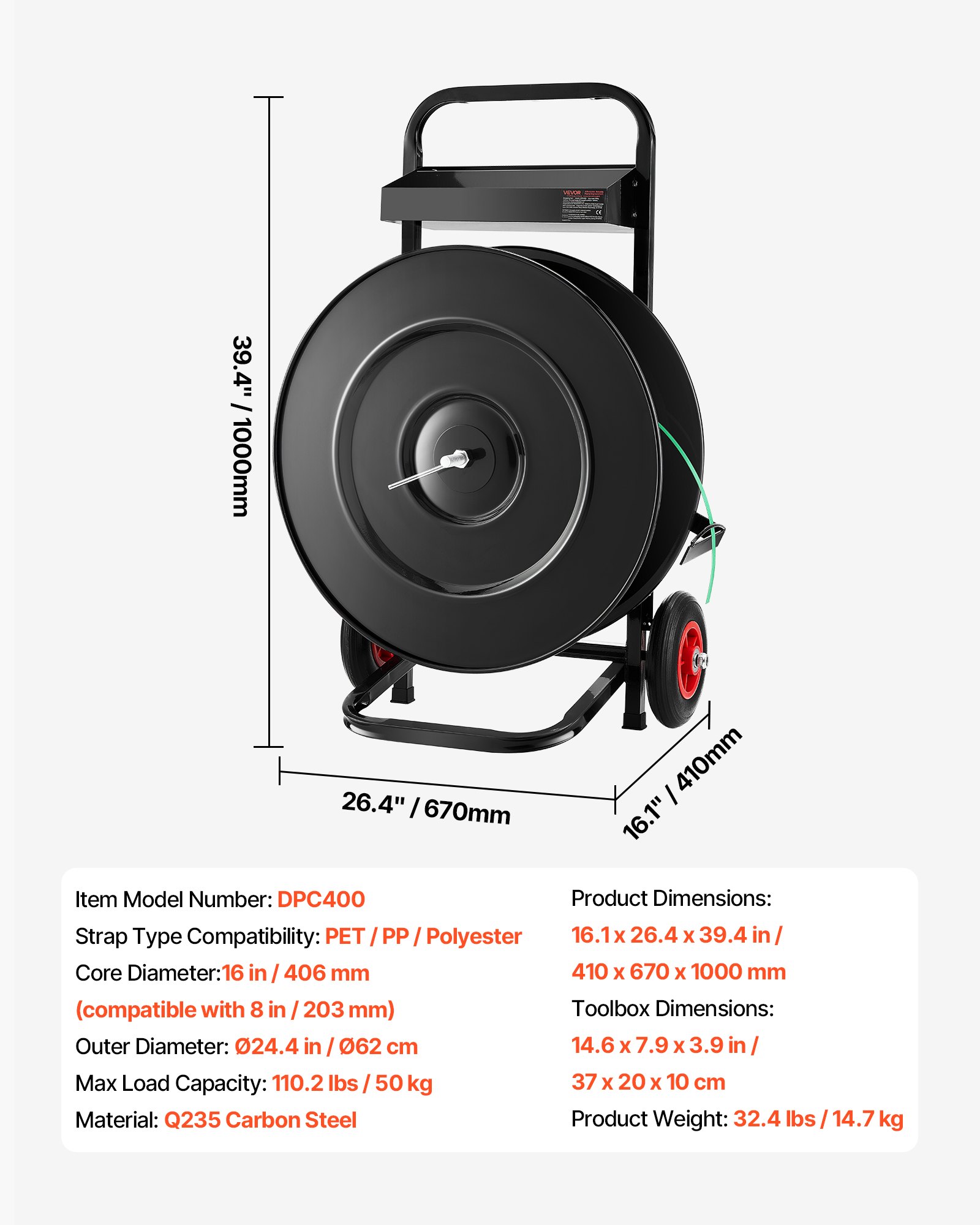 Carro flejador VEVOR, apto para bobinas de flejado de PET/PP/poliéster con núcleo de 8 o 16 pulgadas, dispensador de flejado resistente con sistema de freno mejorado y bandeja espaciosa integrada para herramientas.